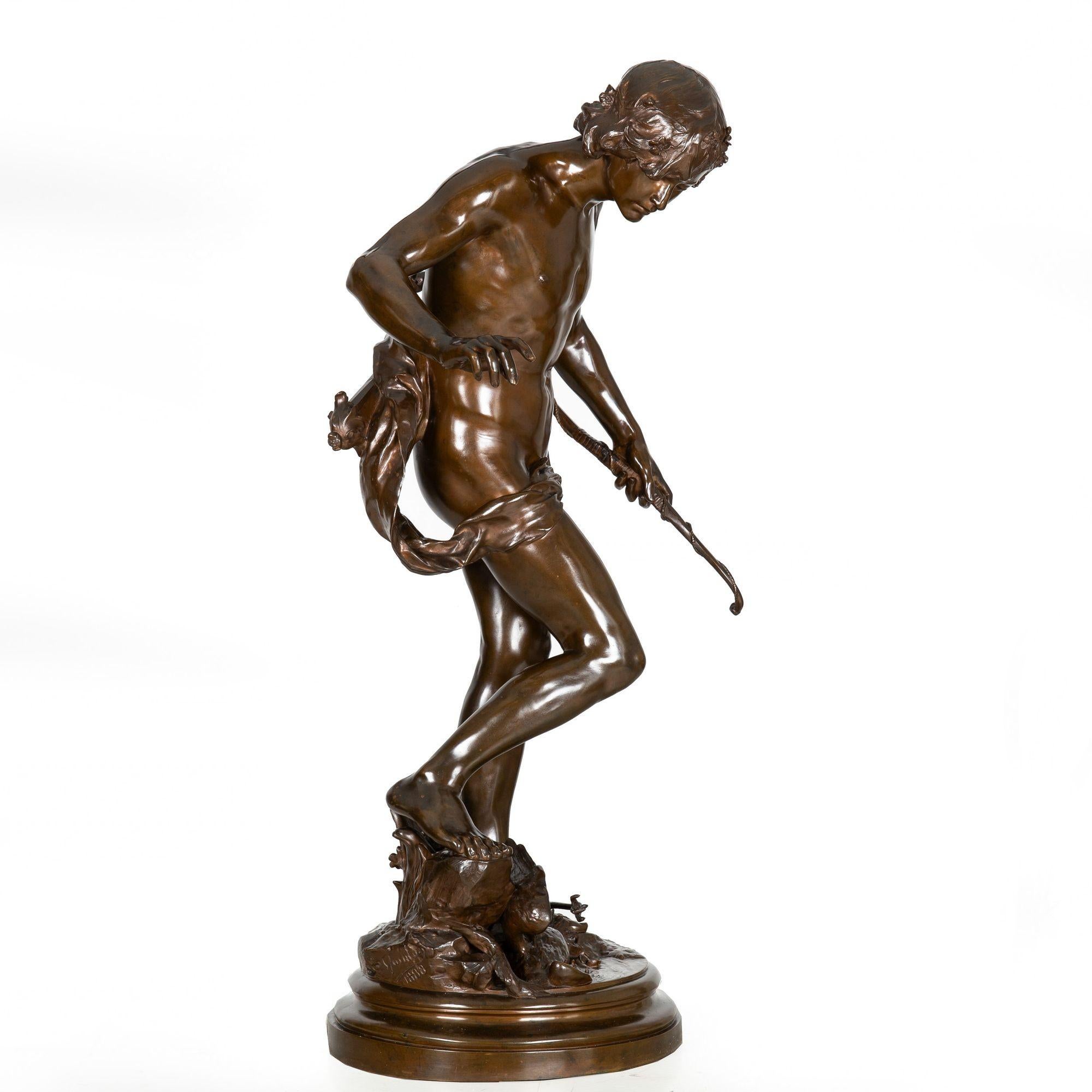Romantic Large 38” H French Antique Bronze Sculpture of Narcissus by Eugene Quint
