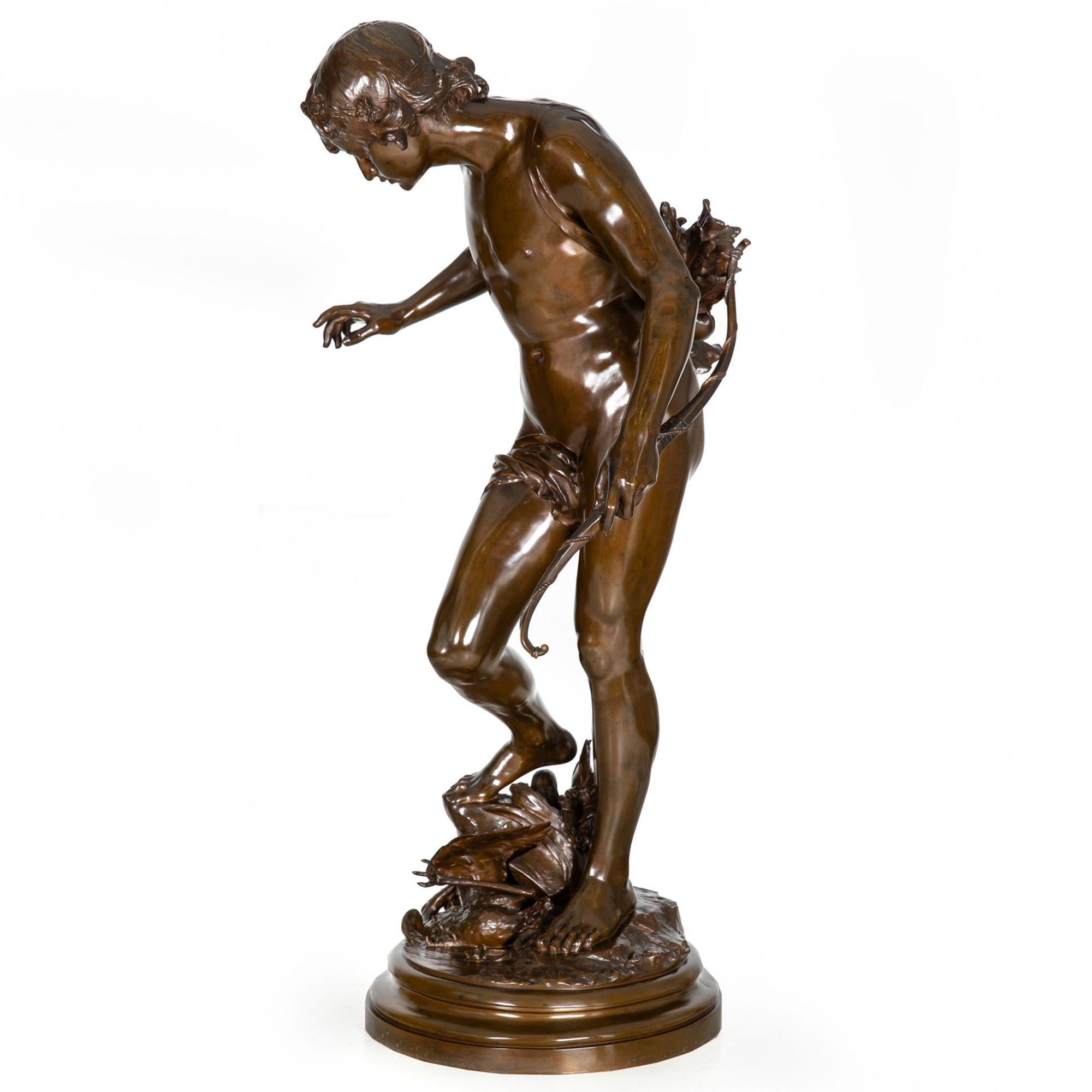 Large 38” H French Antique Bronze Sculpture of Narcissus by Eugene Quint In Good Condition In Shippensburg, PA