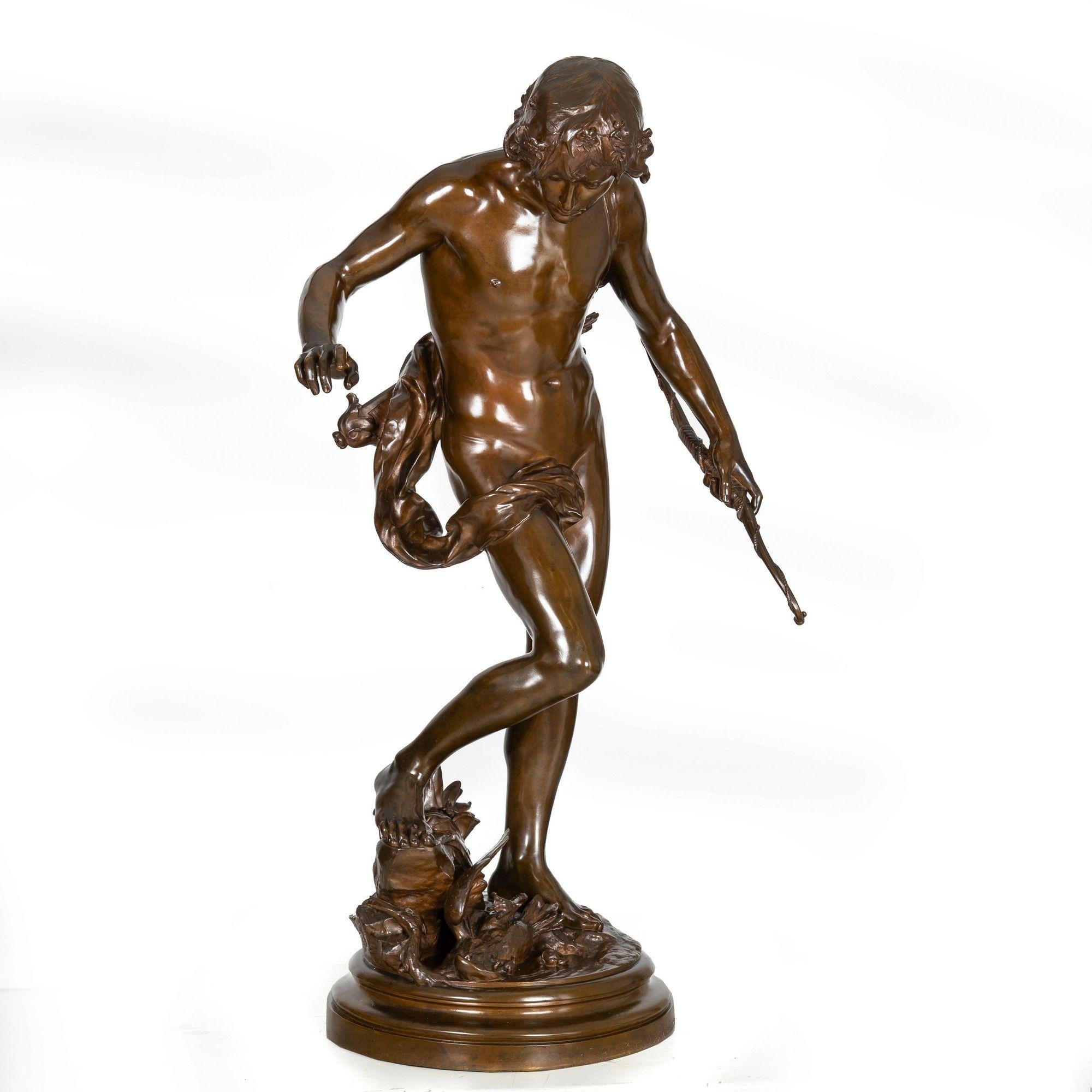 20th Century Large 38” H French Antique Bronze Sculpture of Narcissus by Eugene Quint