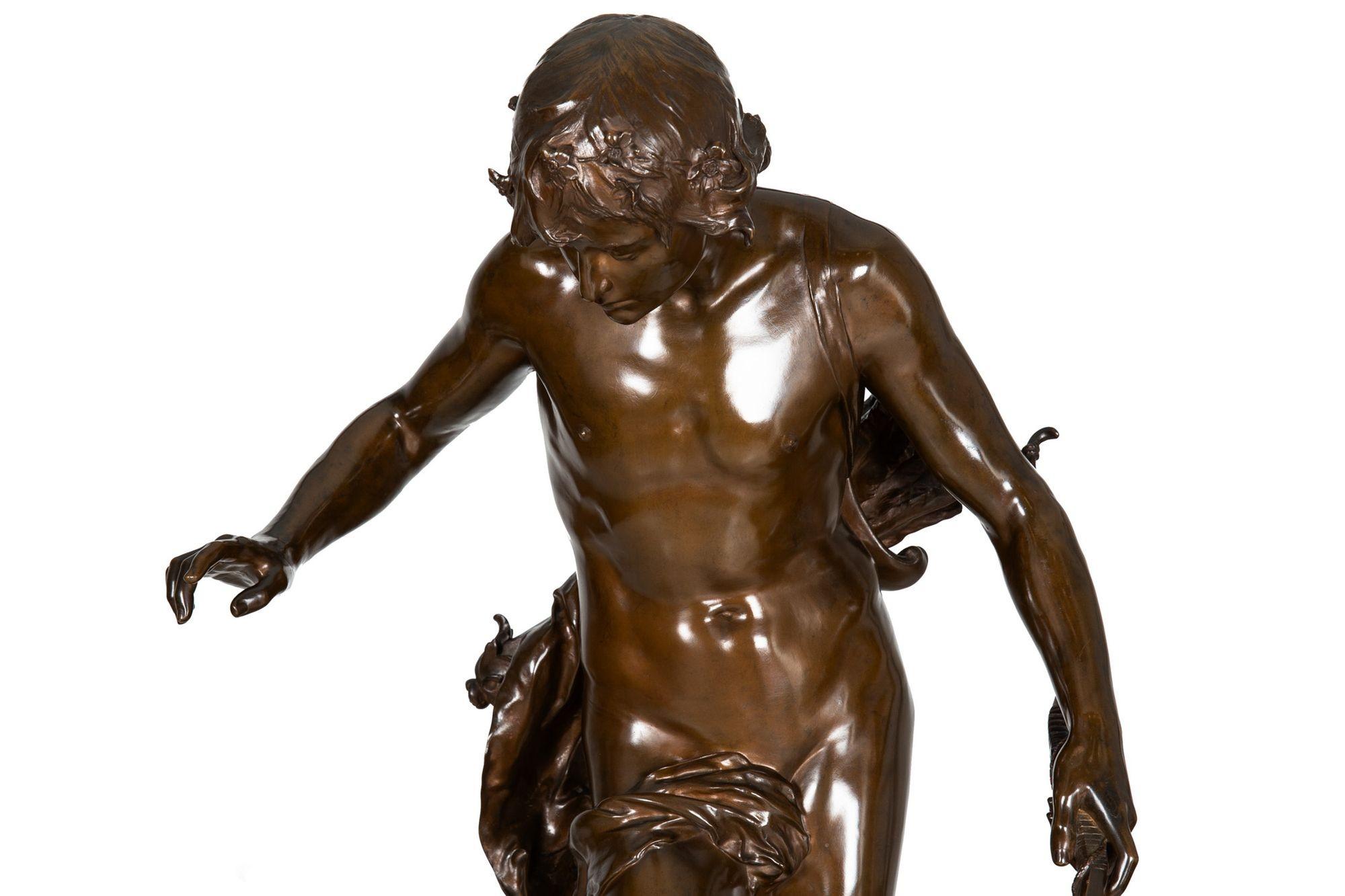 Large 38” H French Antique Bronze Sculpture of Narcissus by Eugene Quint 2