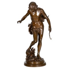 Large 38” H French Antique Bronze Sculpture of Narcissus by Eugene Quint
