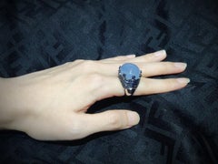 Large 38.23ct Cabochon Chalcedony Crown Pavé Sapphire Amethyst White Gold Ring