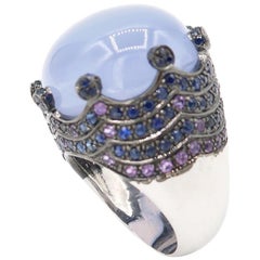 Large 38.23ct Cabochon Chalcedony Crown Pavé Sapphire Amethyst White Gold Ring