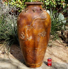 Chinese Ming dynasty Martaban 39 Inch Stoneware Storage Vase with Dragons