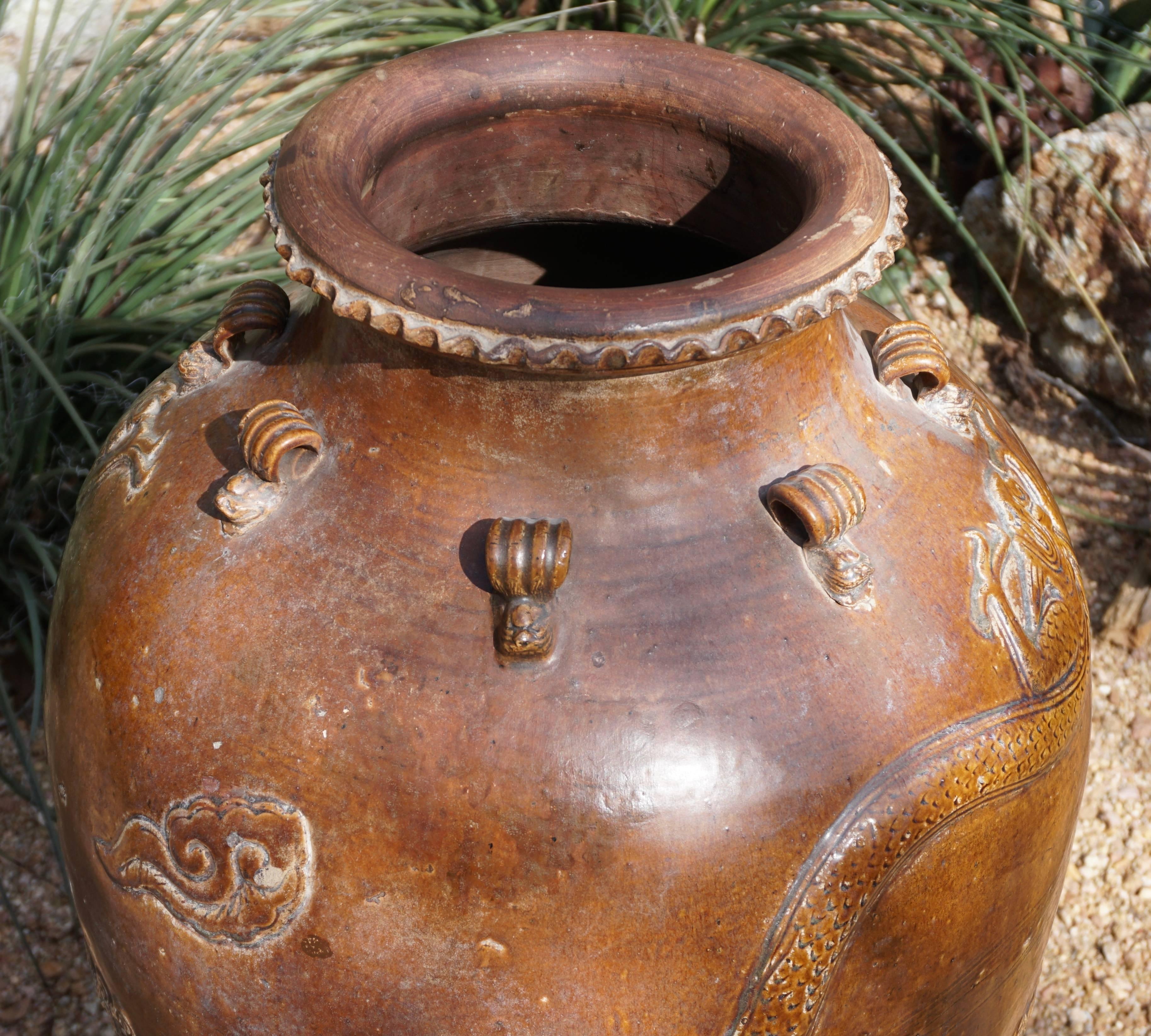 Glazed Chinese Ming dynasty Martaban 39 Inch Stoneware Storage Vase with Dragons For Sale