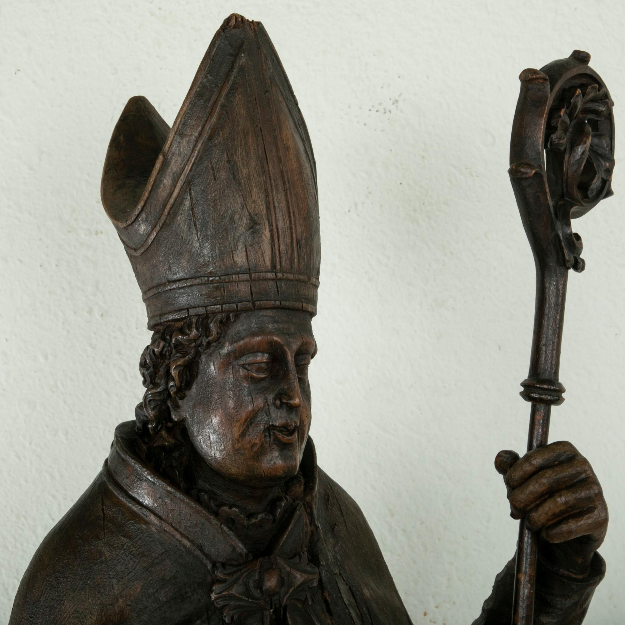 Large 39-inch High 18th Century French Hand Carved Wooden Bishop with Scepter 3