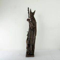 Large 39-inch High 18th Century French Hand Carved Wooden Bishop with Scepter
