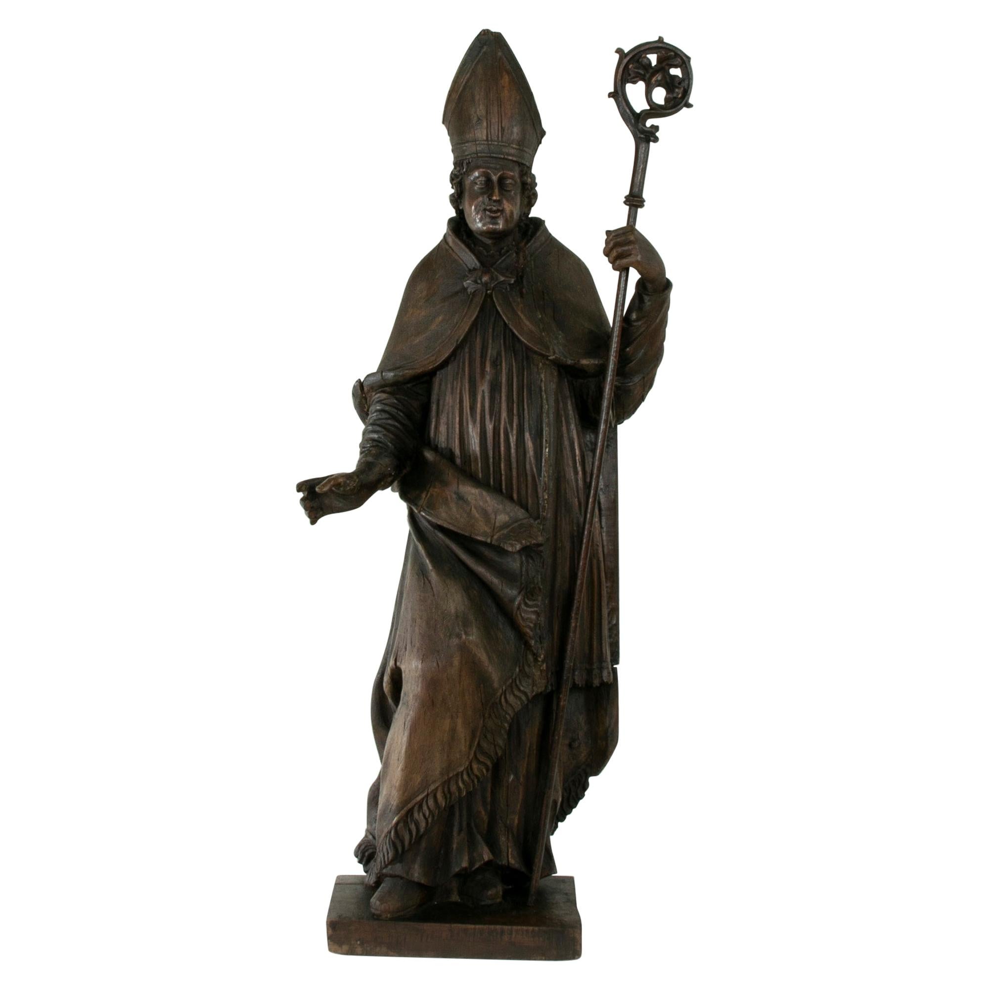 Large 39-inch High 18th Century French Hand Carved Wooden Bishop with Scepter