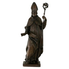 Antique Large 39-inch High 18th Century French Hand Carved Wooden Bishop with Scepter