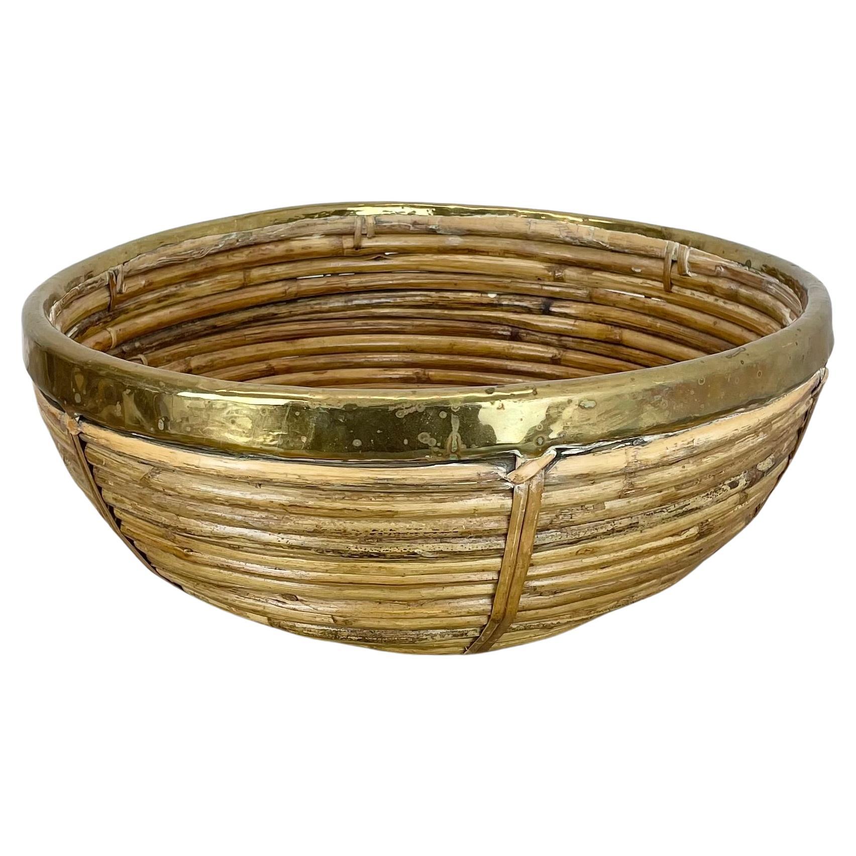 Large 39cm Rattan and Brass Bowl element  in Albini Style, Italy, 1970s