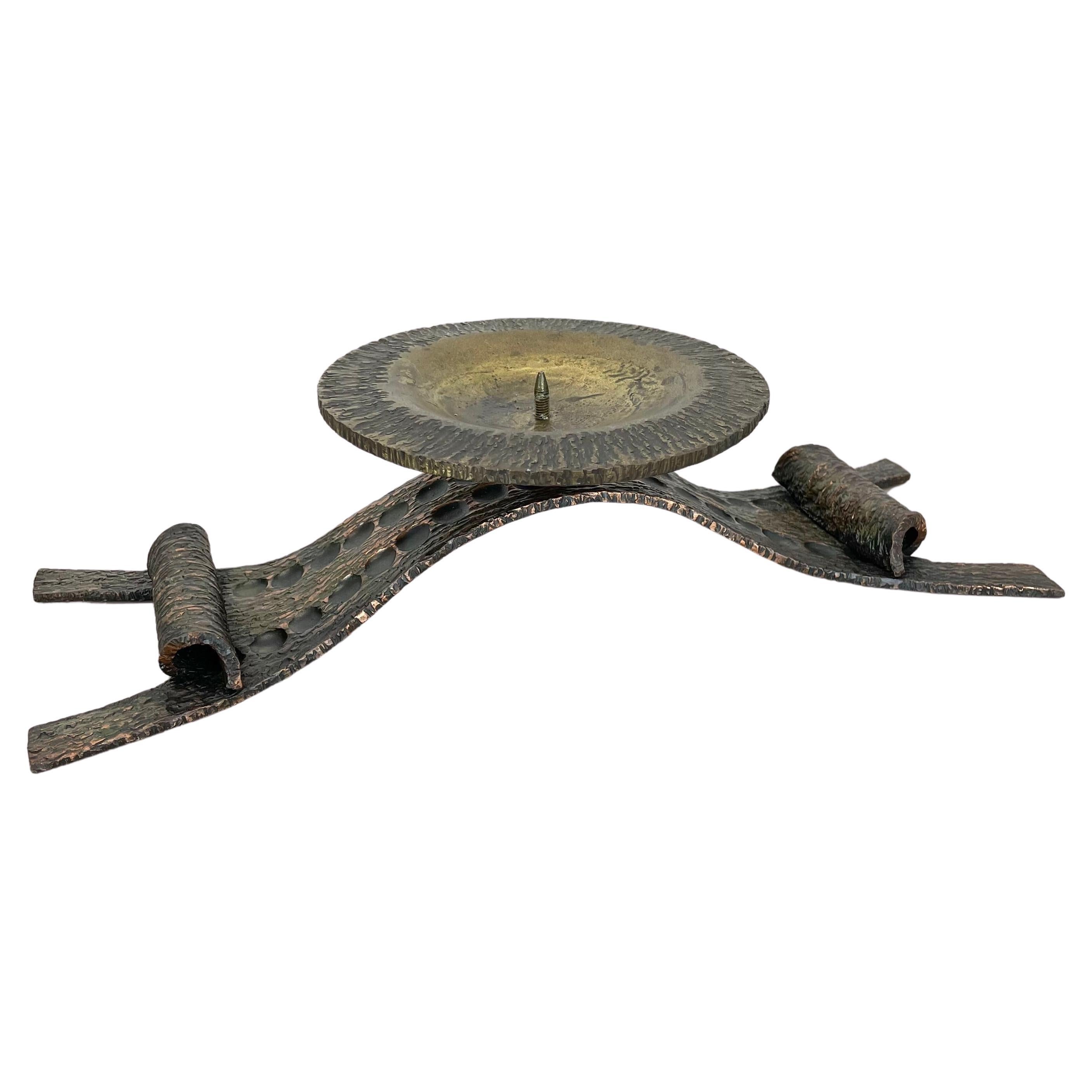 large 39cm Sculptural Brutalist Brass and copper Candleholder, France, 1960s For Sale