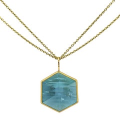 Large 3D Special Cut Brazilian Aquamarine Gemstone 18K handmade Bezel Necklace