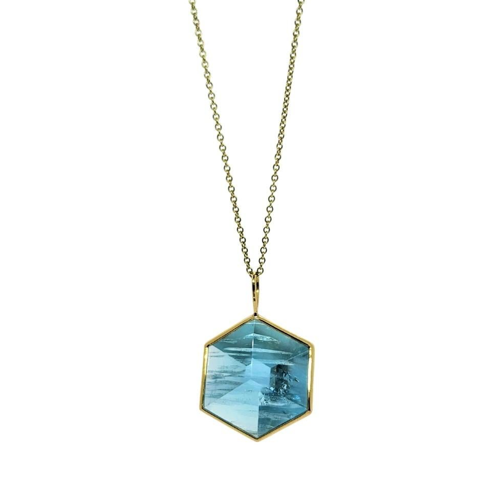 Contemporary Large 3D Special Cut Brazilian Aquamarine Gemstone 18K handmade Bezel Necklace For Sale