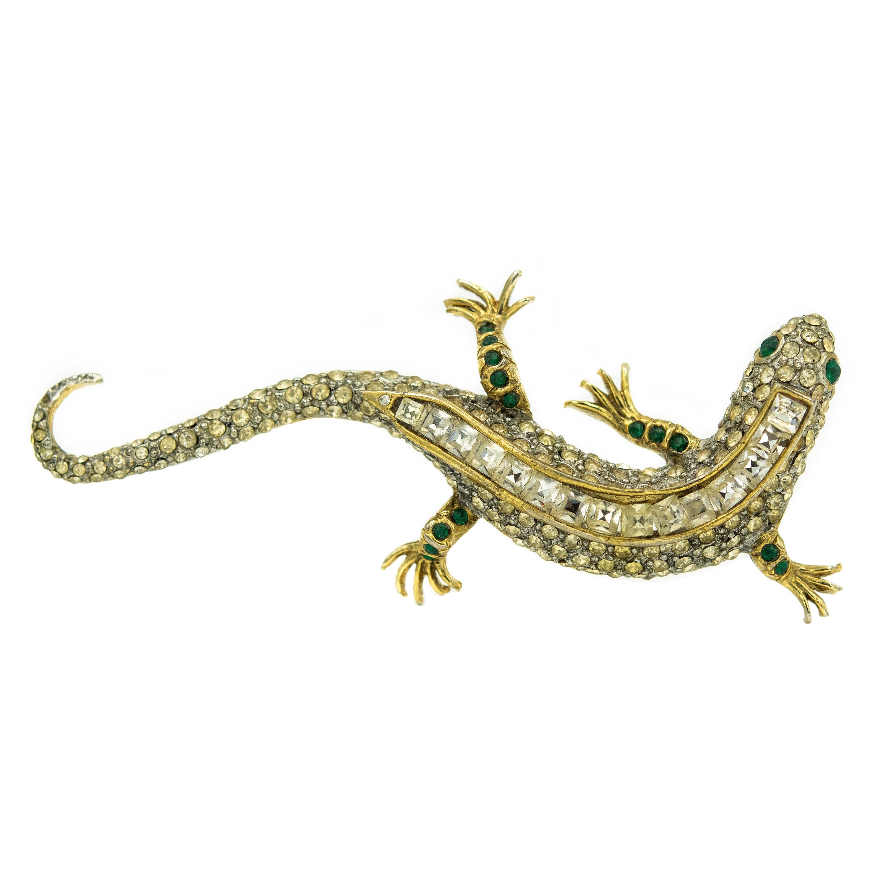 Large 4" Salamander Lizard Crystal Gold Plated Brooch by Maresco 1980s