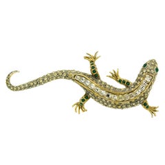 Vintage Large 4" Salamander Lizard Crystal Gold Plated Brooch by Maresco 1980s