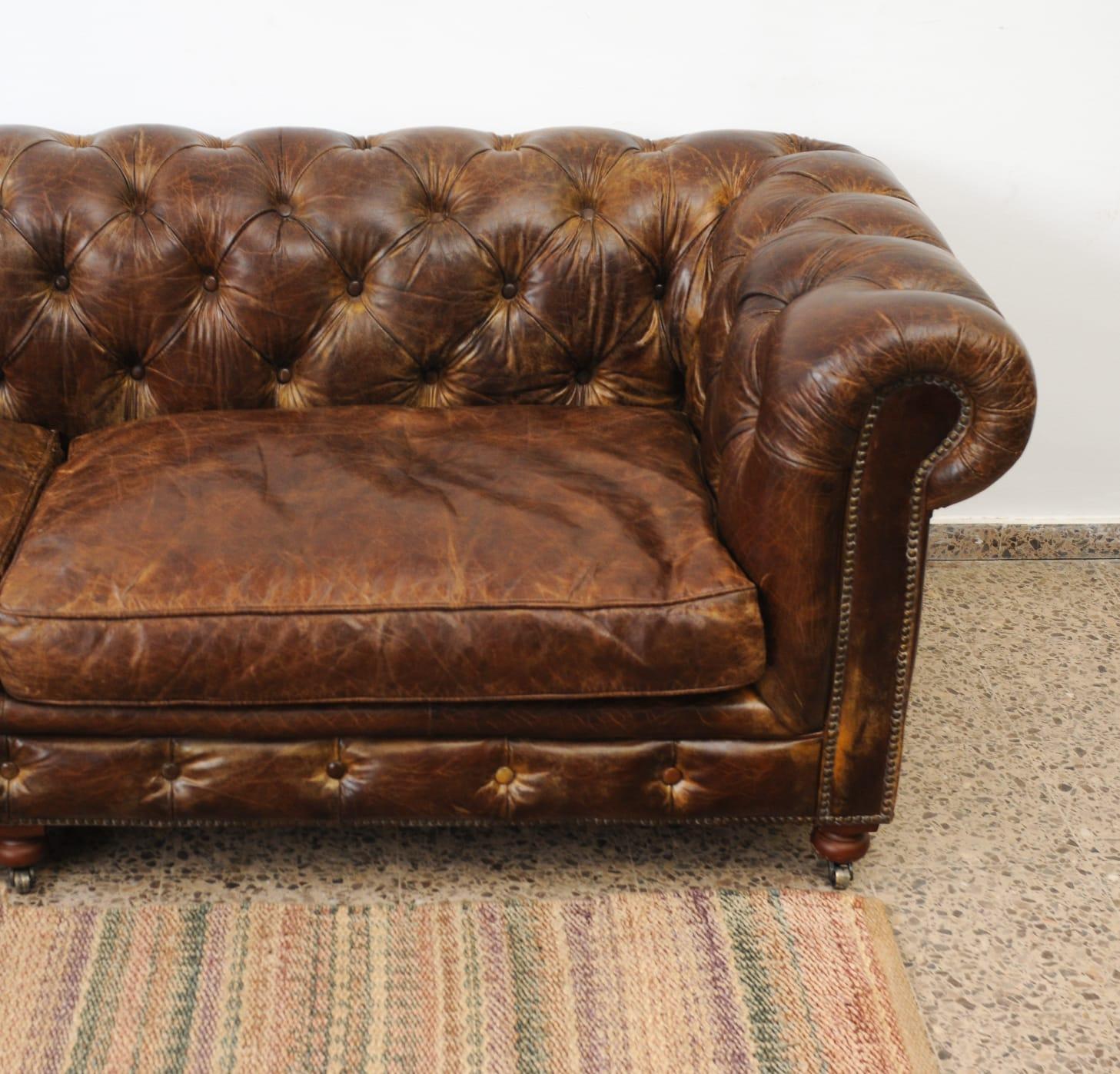 Large 4-seater Aged Leather Chester Sofa For Sale 1