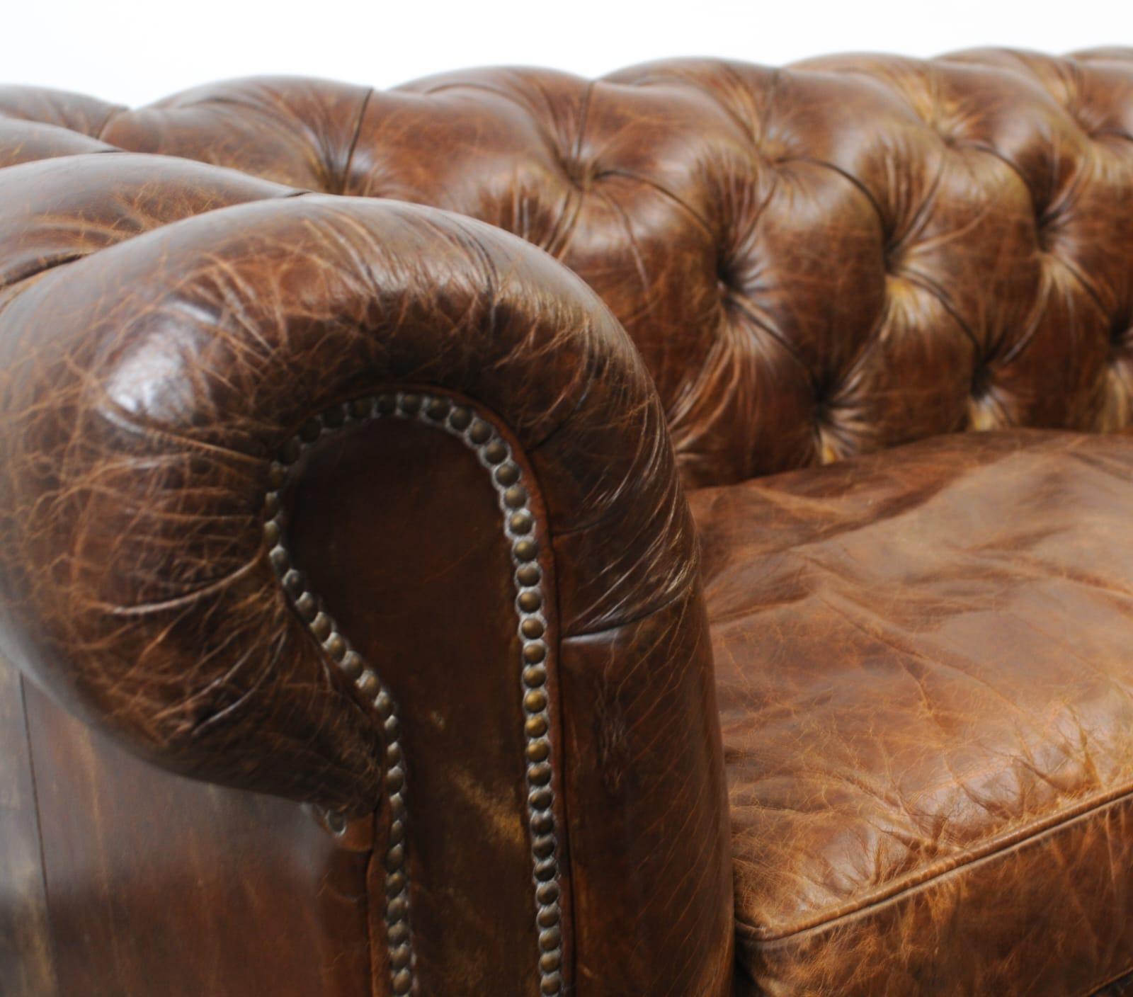 Large 4-seater Aged Leather Chester Sofa For Sale 3