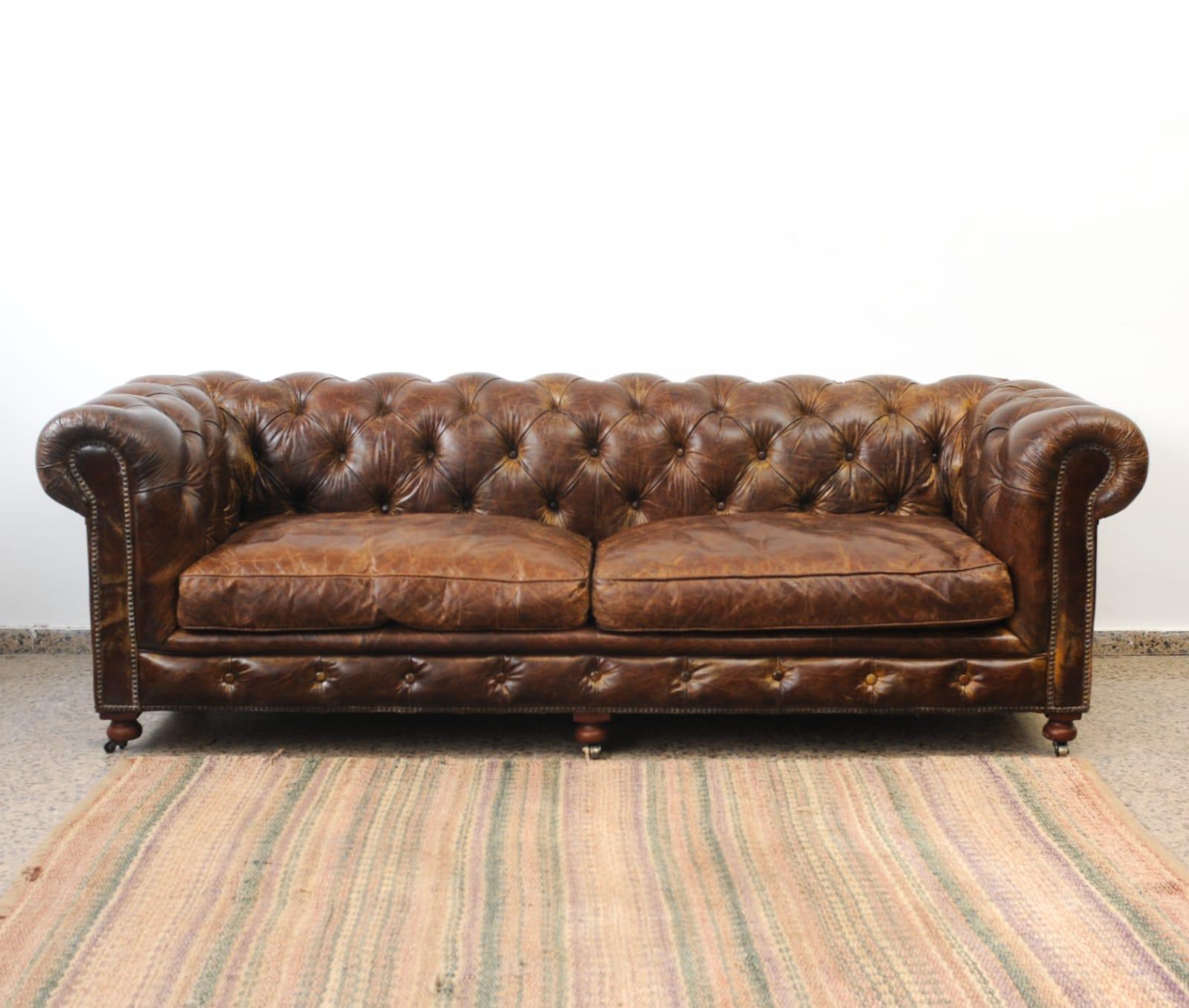 Large 4-seater Aged Leather Chester Sofa For Sale 4