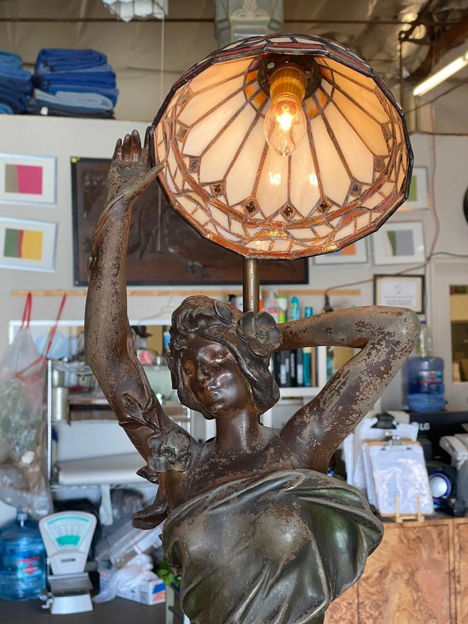 Large Art Nouveau Bronze Alloy Female Nymph Sculpture Lamp by Julien Caussé In Excellent Condition In Van Nuys, CA