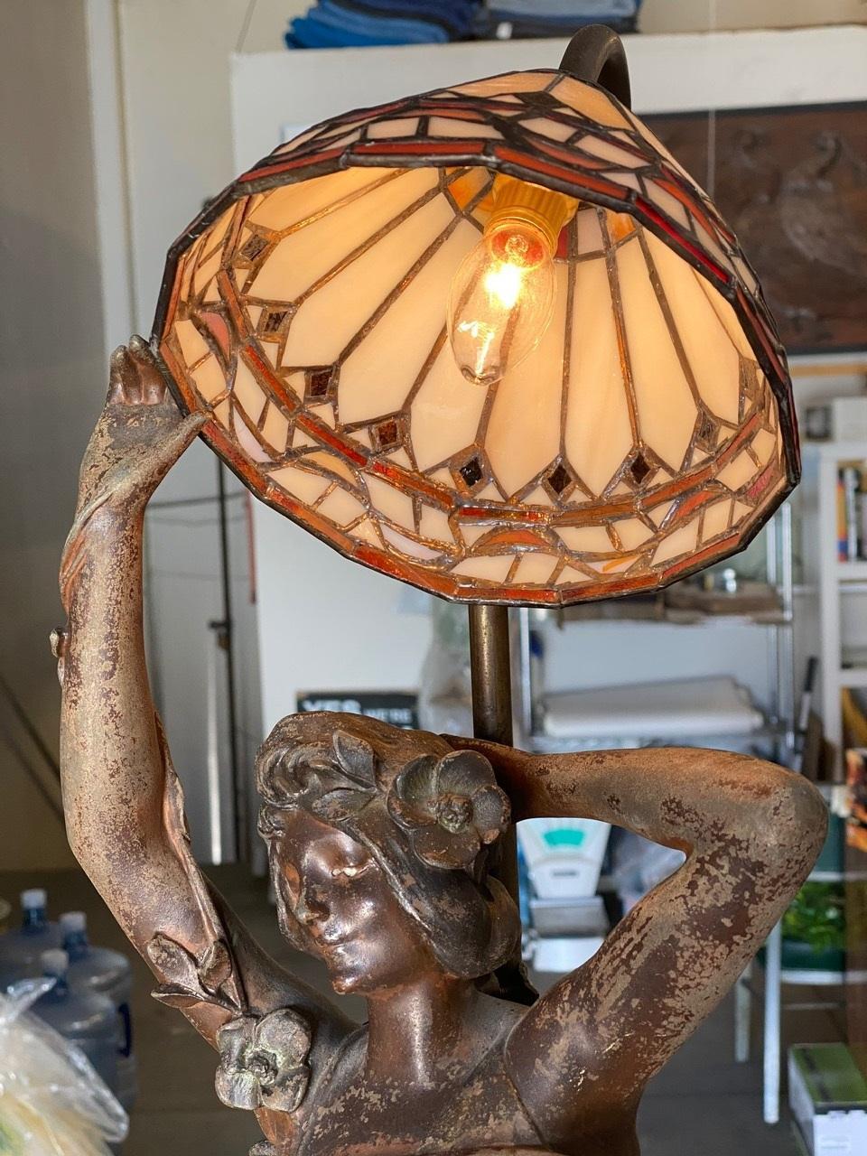 Early 20th Century Large Art Nouveau Bronze Alloy Female Nymph Sculpture Lamp by Julien Caussé