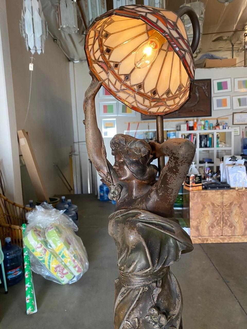 Metal Large Art Nouveau Bronze Alloy Female Nymph Sculpture Lamp by Julien Caussé