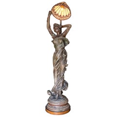 Large Art Nouveau Bronze Alloy Female Nymph Scupture Lamp by Julien Caussé