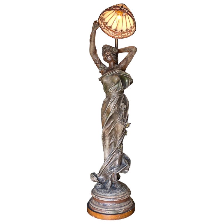 Large Art Nouveau Bronze Alloy Female Nymph Sculpture Lamp by Julien