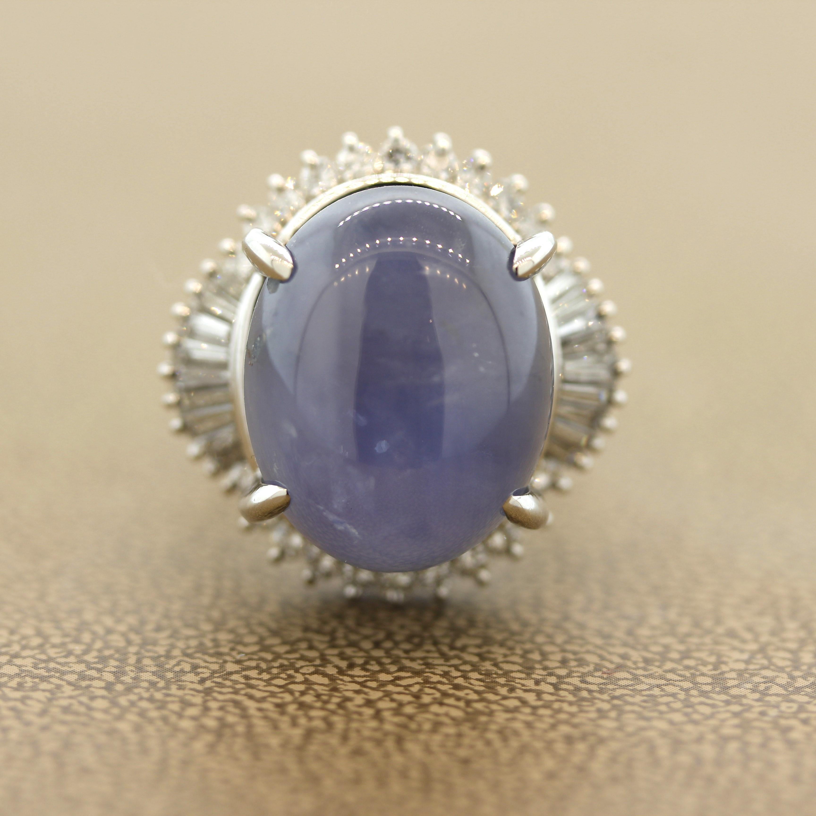 An impressive gem blue sapphire weighing a substantial 40.20 carats! A real great combination of size and quality as the sapphire has excellent translucency along with a bright blue color and great asterism. A strong 6-rayed star can be seen across