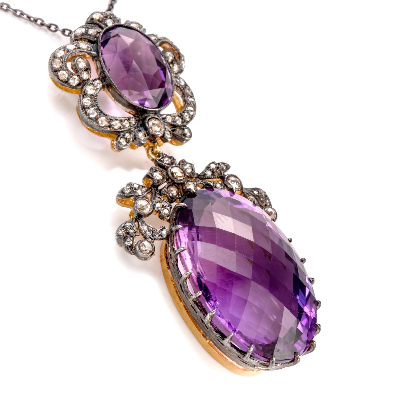 Large 40.38 Carat Amethyst Sterling Silver Gold Dangling Pendant In Excellent Condition In Miami, FL