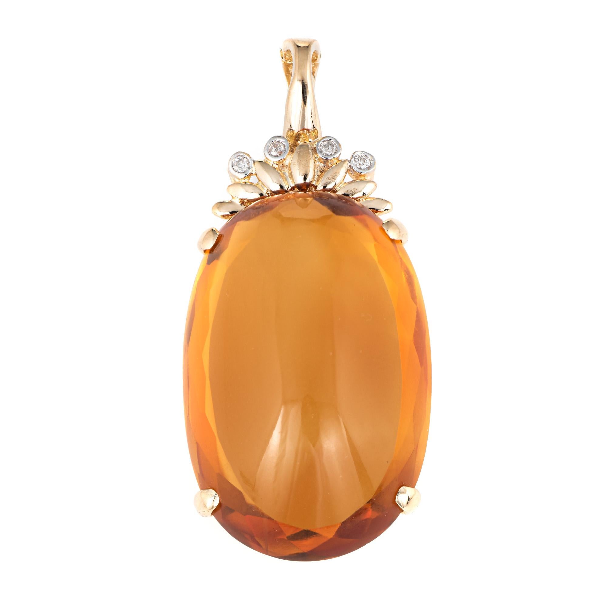 Large 40 Carat Madeira Citrine Diamond Pendant Cabochon Vintage 14k Yellow Gold In Good Condition In Torrance, CA