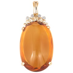 Large 40 Carat Madeira Citrine Diamond Pendant Cabochon Vintage 14k Yellow Gold