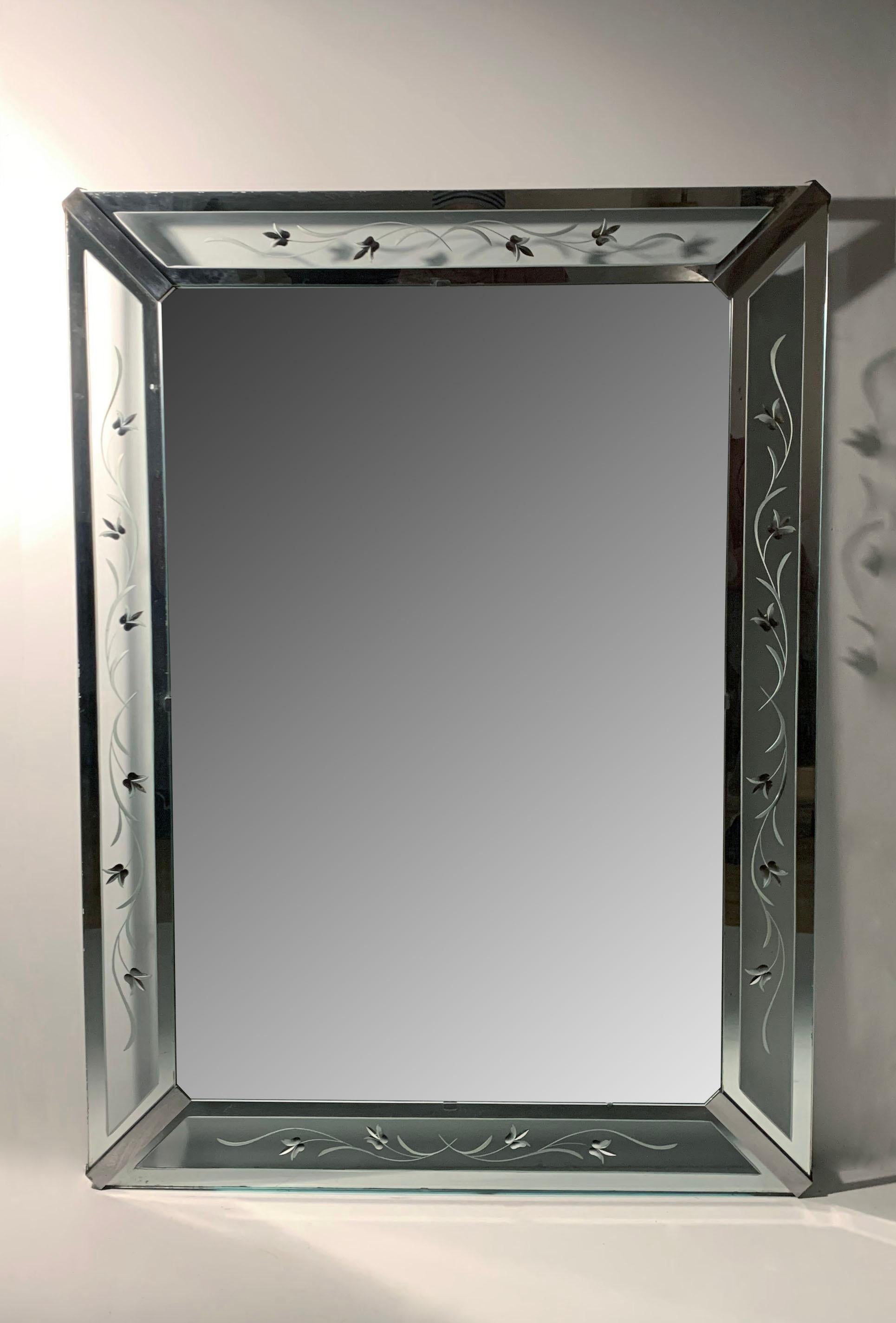 Large 40s/50s Venetian style Vintage Wall Mirror with decoratively etched clear glass panels. A more unusual mirror of this period with the outside panels being 