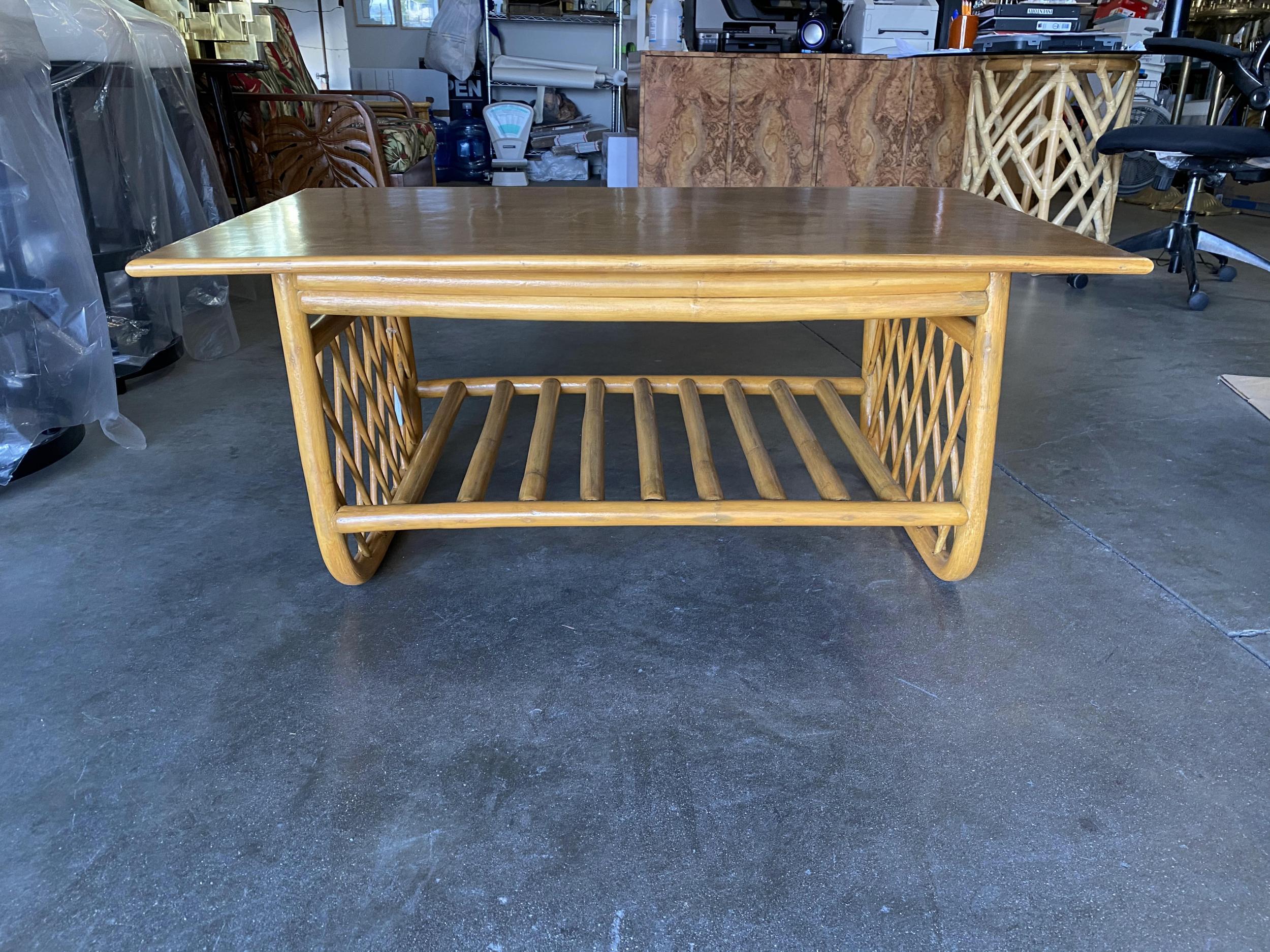 Mid-Century Modern Large Rectangle Rattan Coffee Table with Diamond Link Side For Sale