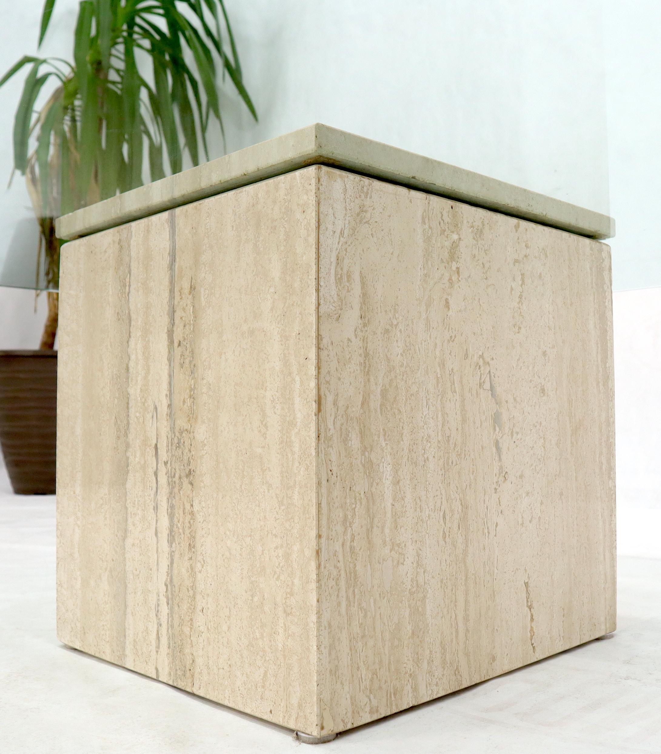 Large Square Travertine Base Glass Top Coffee Table For Sale 1
