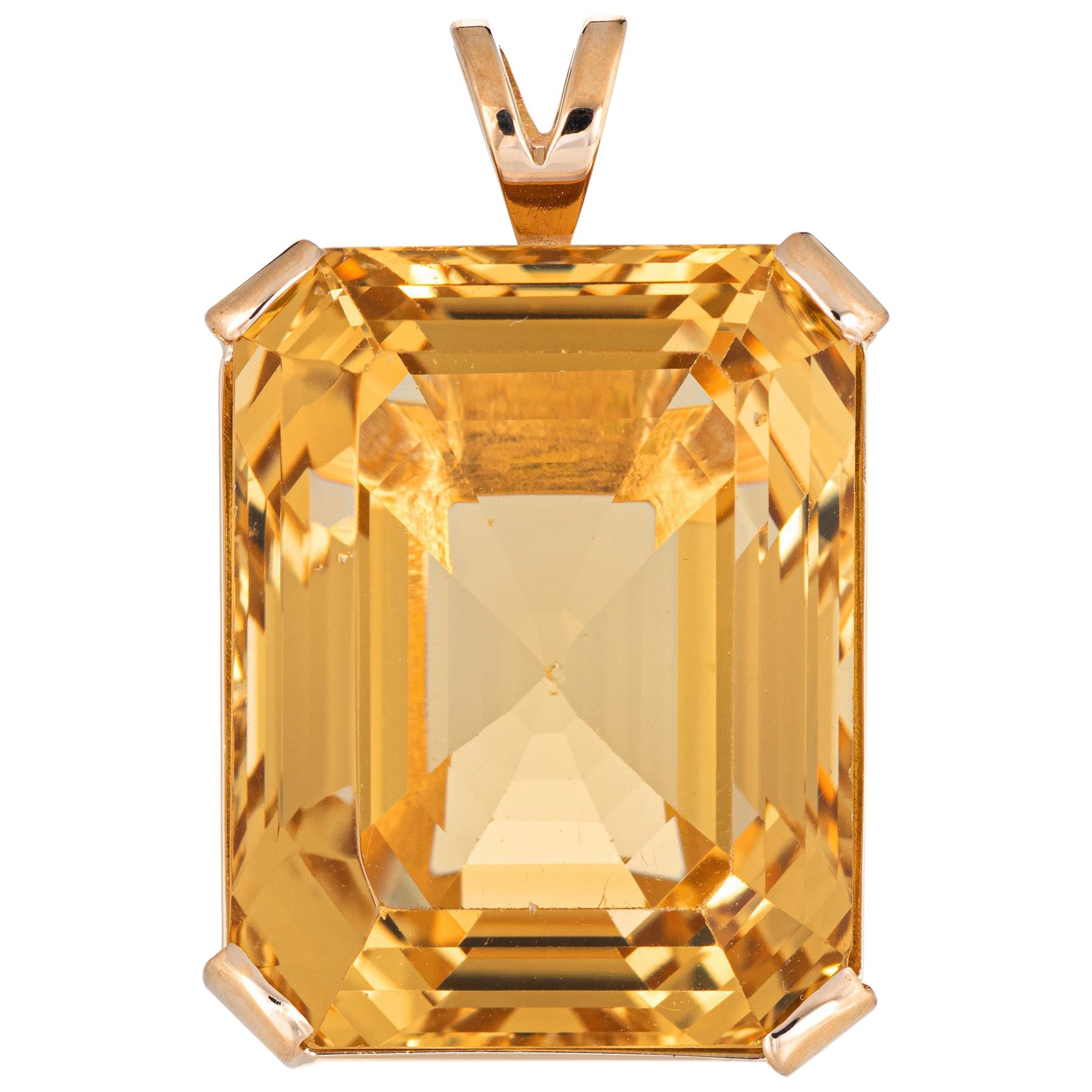 Large 43 Carat Citrine Pendant 14 Karat Yellow Gold Emerald Cut Estate Jewelry