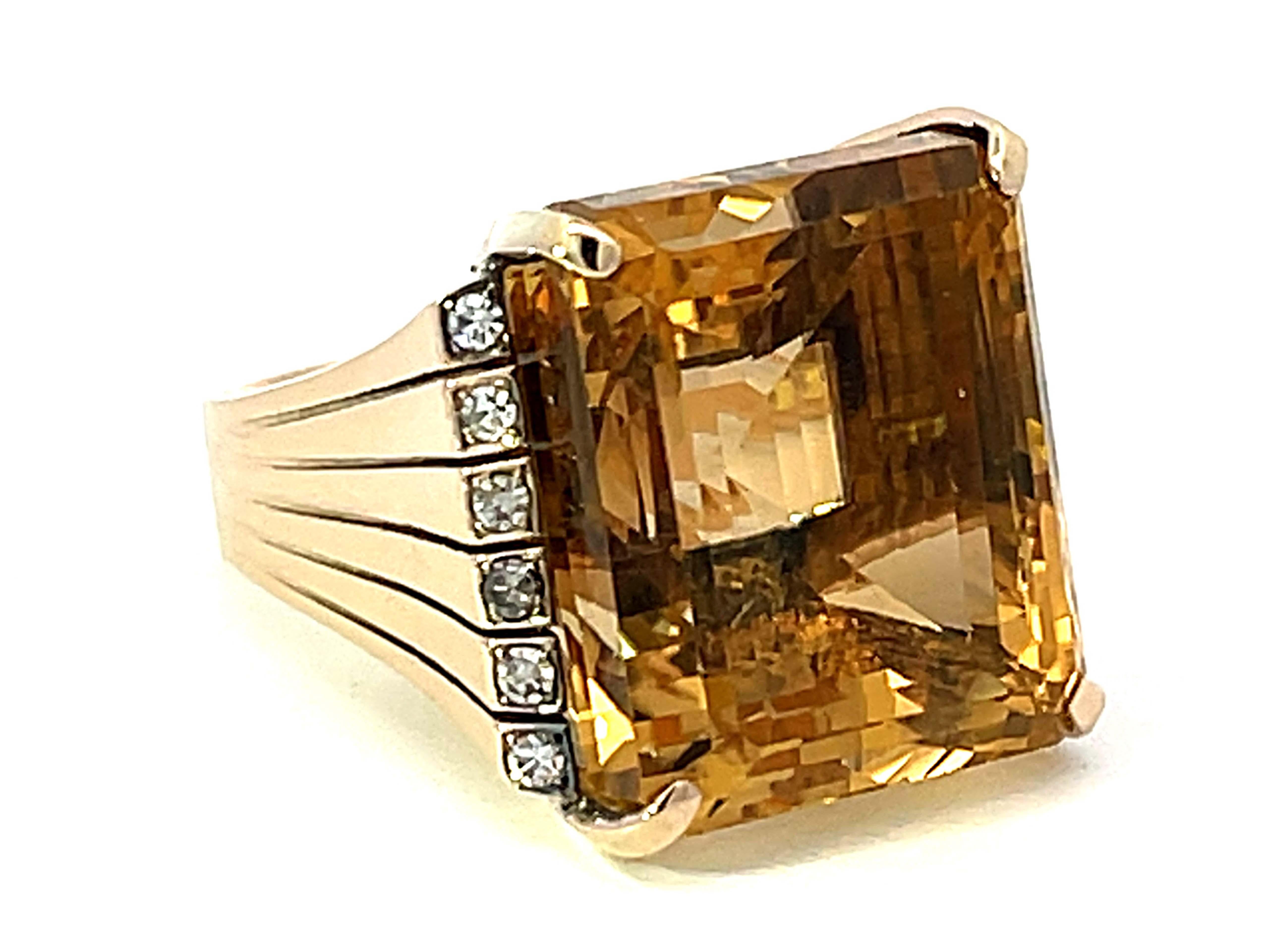 Modern Large 43 Carat Yellow Topaz Emerald Step Cut and Diamond Ring in 14k Yellow Gold For Sale