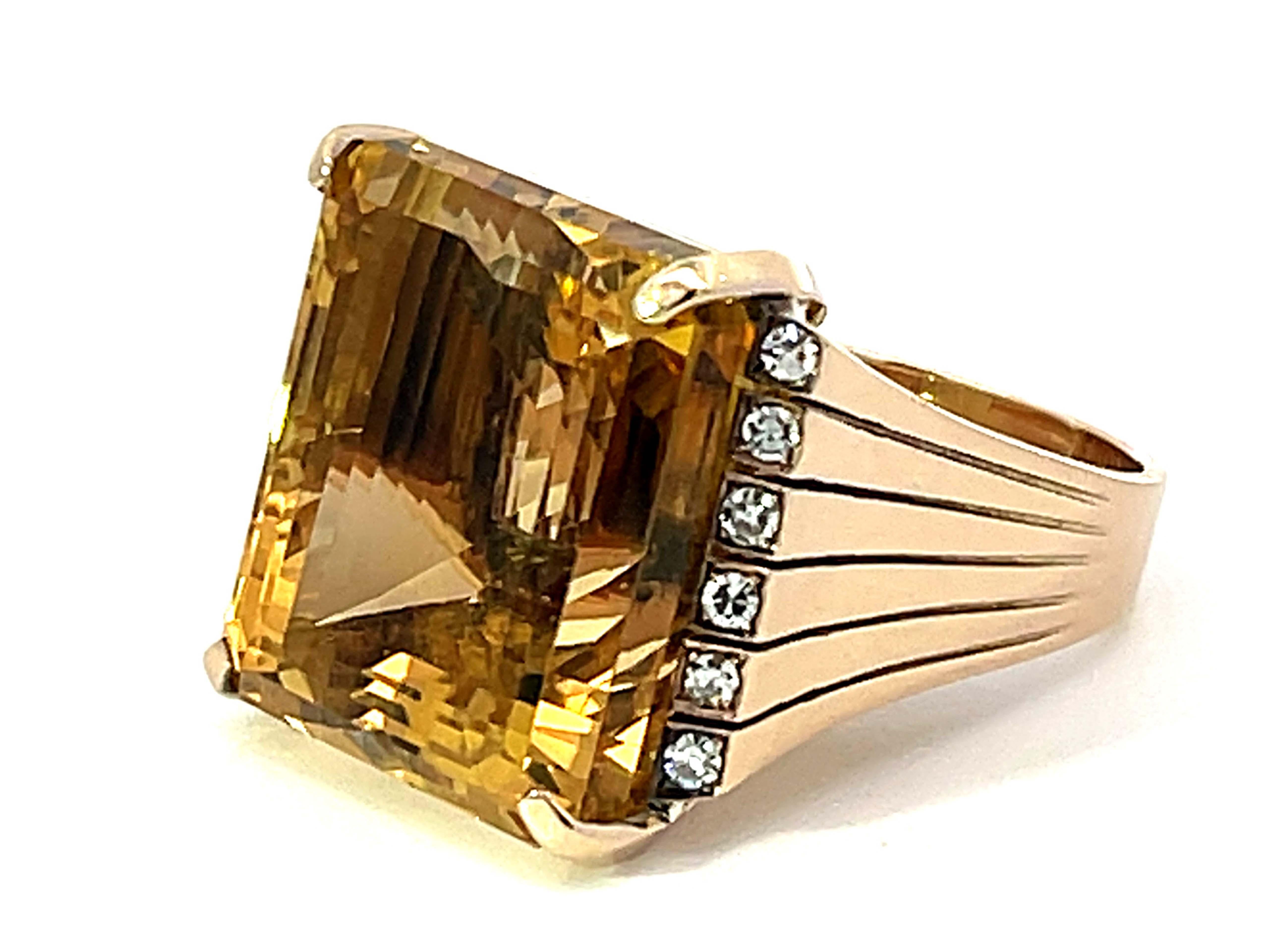 Emerald Cut Large 43 Carat Yellow Topaz Emerald Step Cut and Diamond Ring in 14k Yellow Gold For Sale