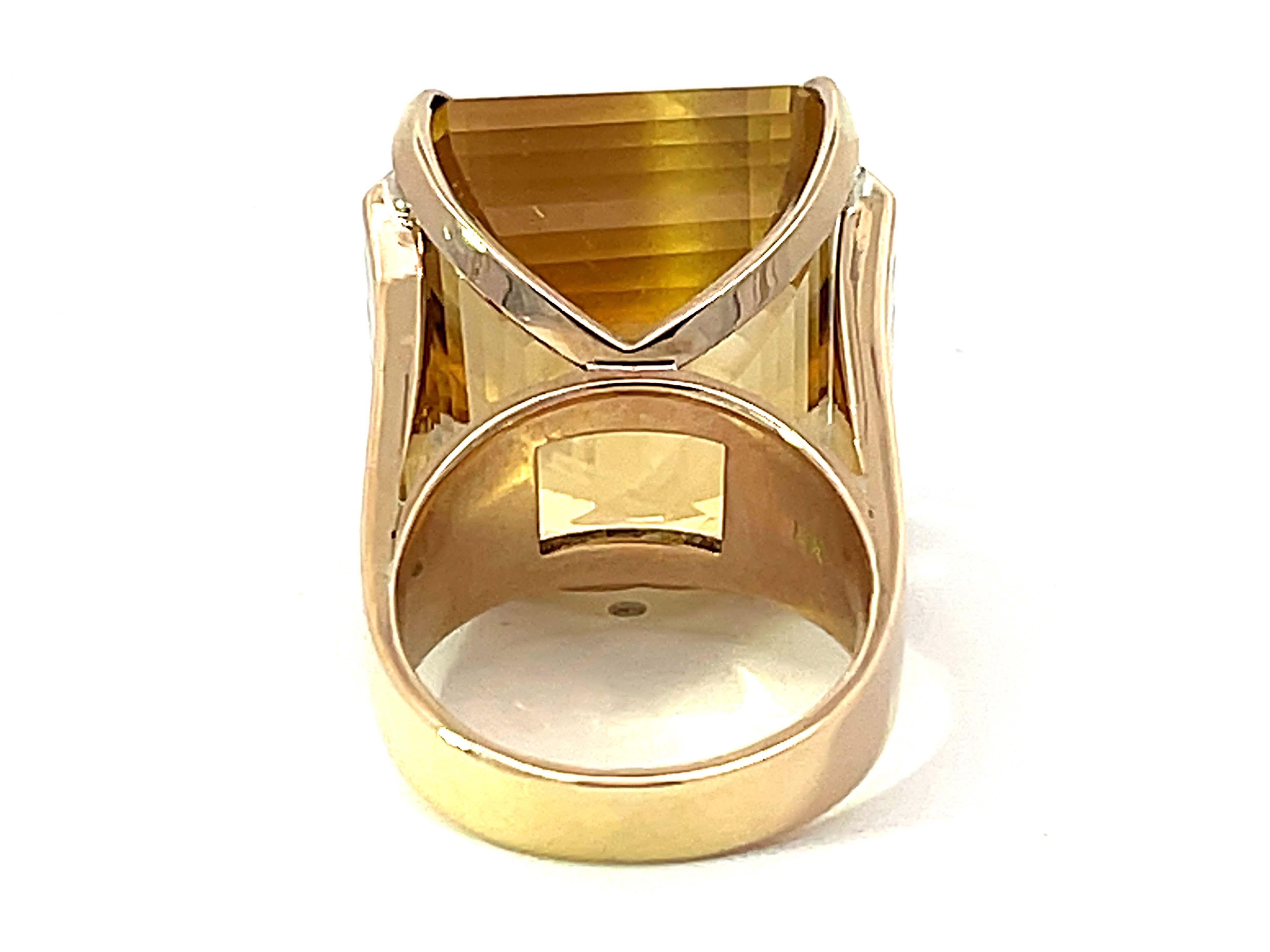 Large 43 Carat Yellow Topaz Emerald Step Cut and Diamond Ring in 14k Yellow Gold For Sale 1