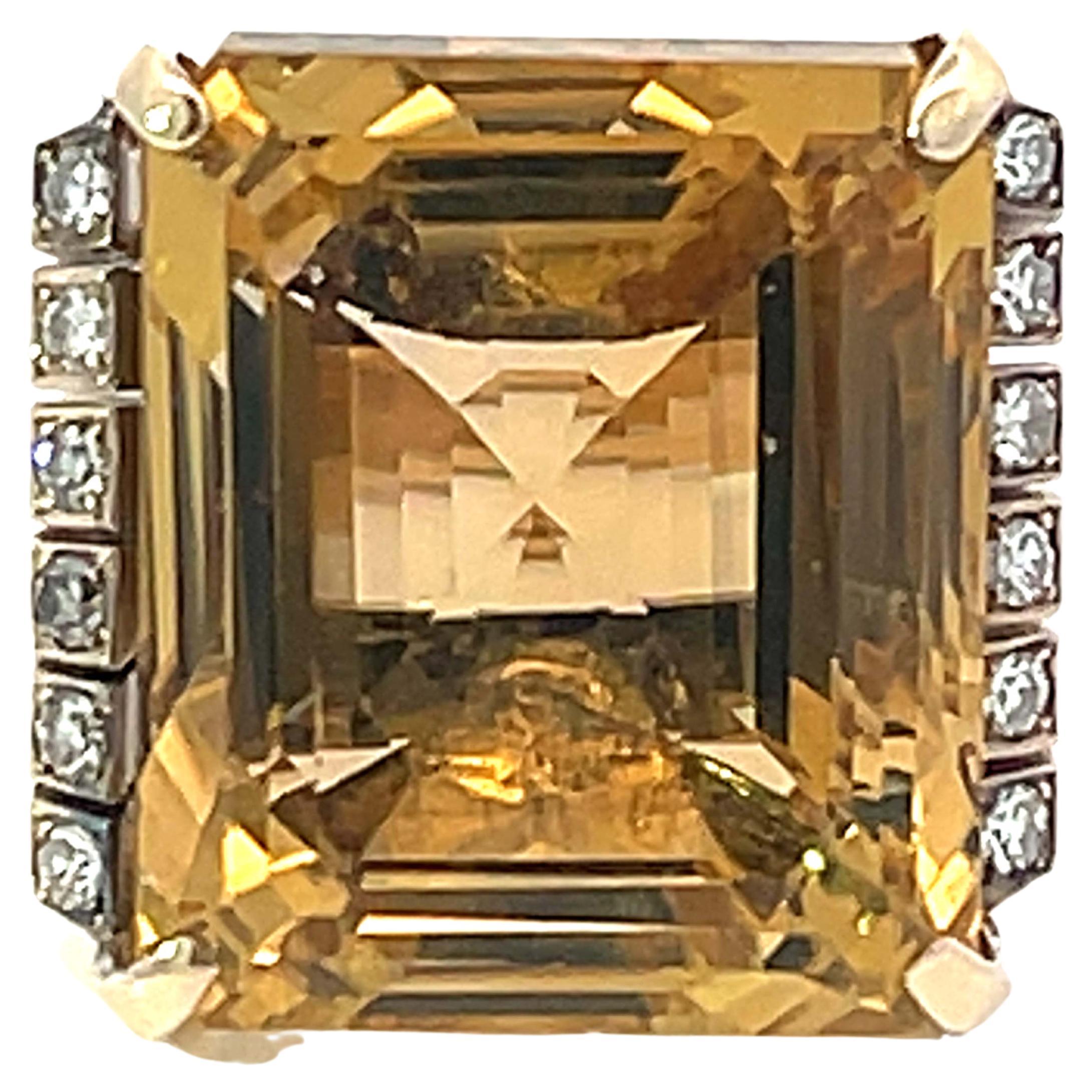 Large 43 Carat Yellow Topaz Emerald Step Cut and Diamond Ring in 14k Yellow Gold