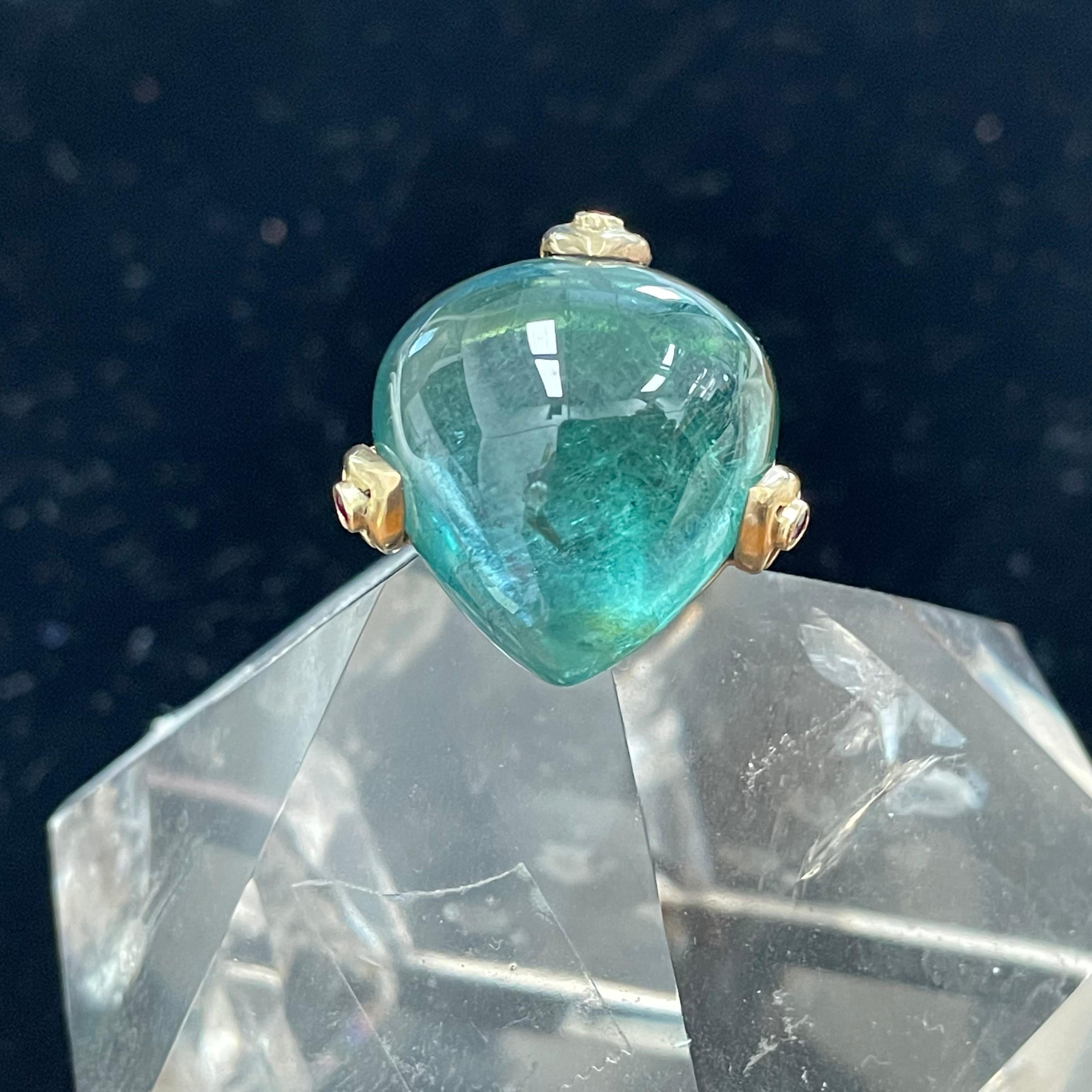For Sale:  Large 44.8 Carats Blue-Green Indicalite Tourmaline Cabochon Ruby 18K Gold Ring 10