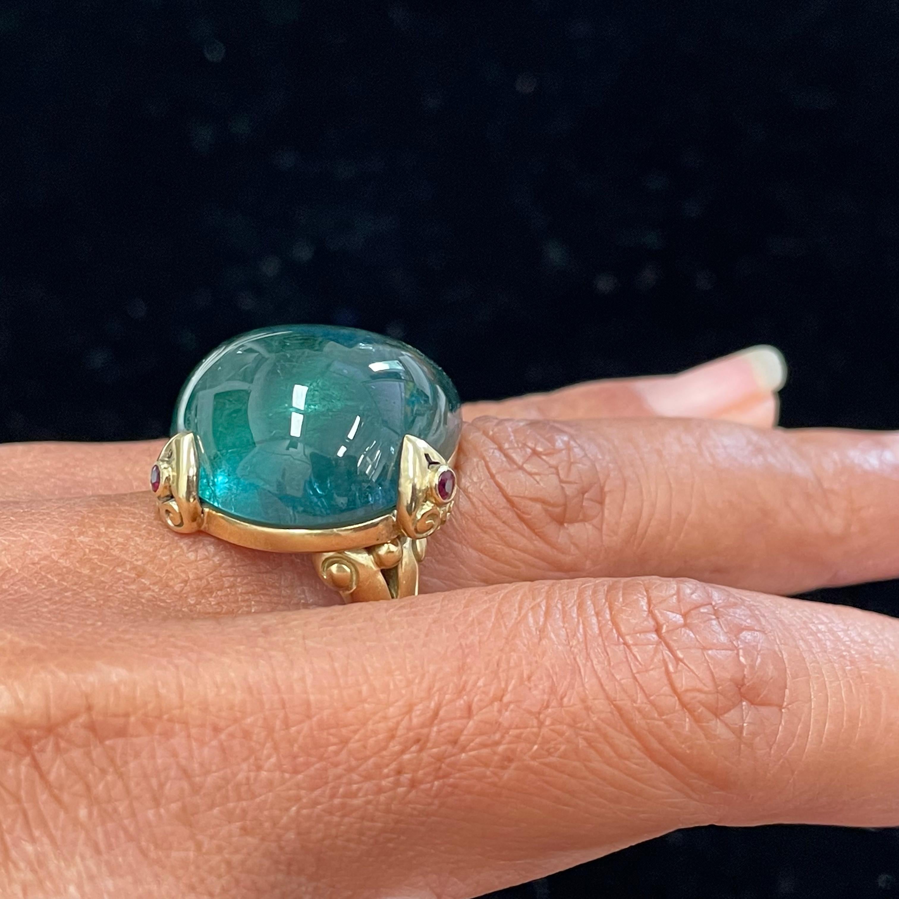 For Sale:  Large 44.8 Carats Blue-Green Indicalite Tourmaline Cabochon Ruby 18K Gold Ring 3