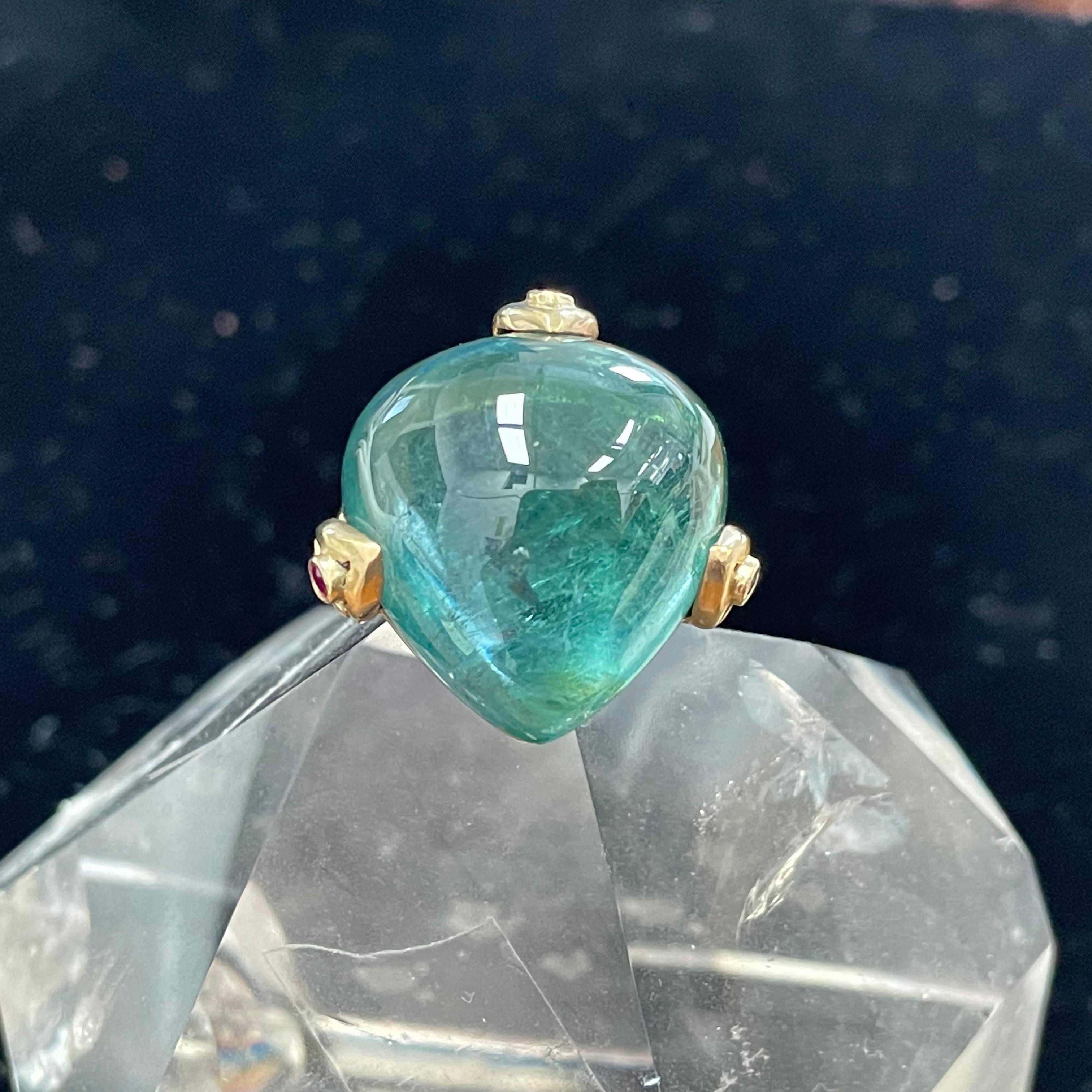 For Sale:  Large 44.8 Carats Blue-Green Indicalite Tourmaline Cabochon Ruby 18K Gold Ring 4