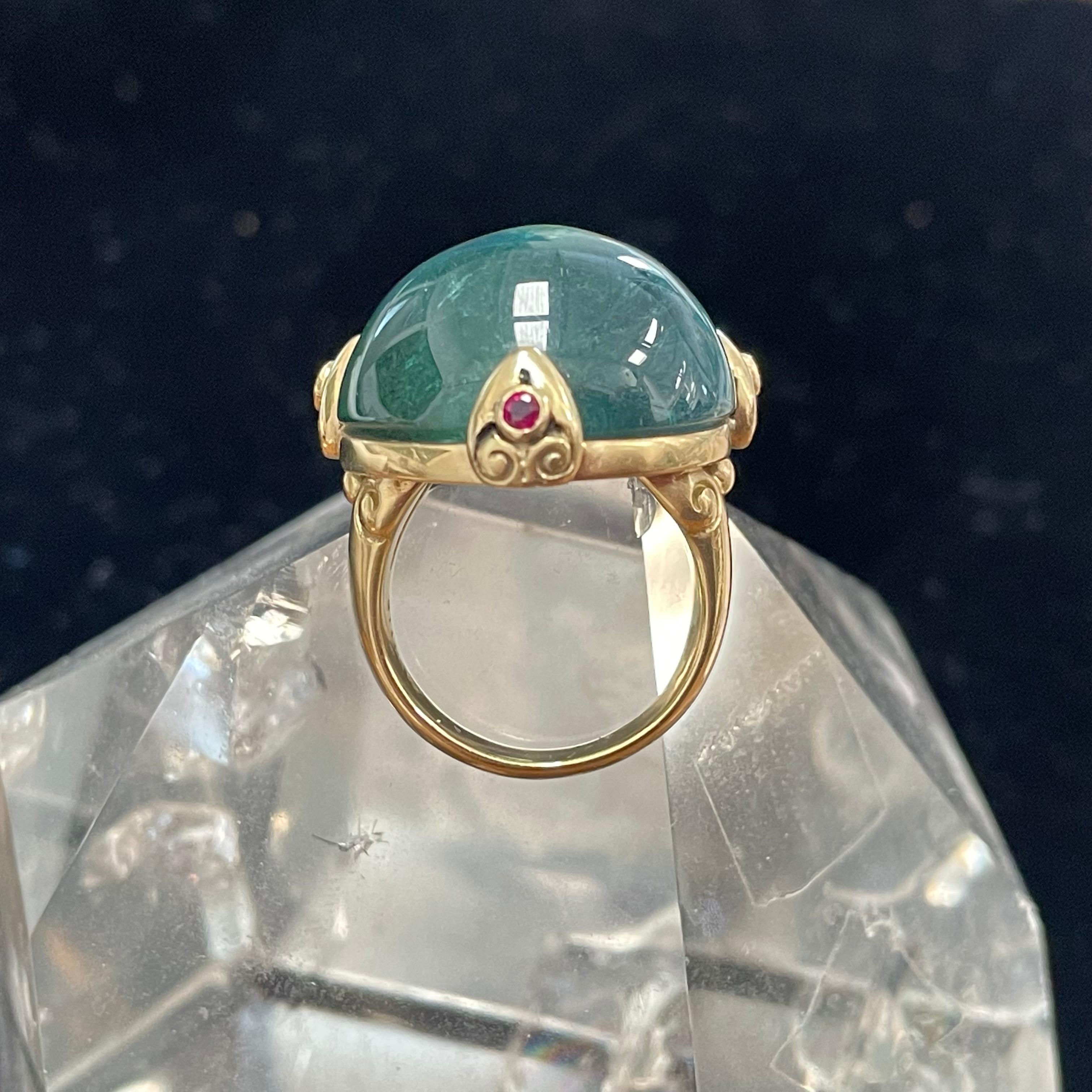 For Sale:  Large 44.8 Carats Blue-Green Indicalite Tourmaline Cabochon Ruby 18K Gold Ring 5