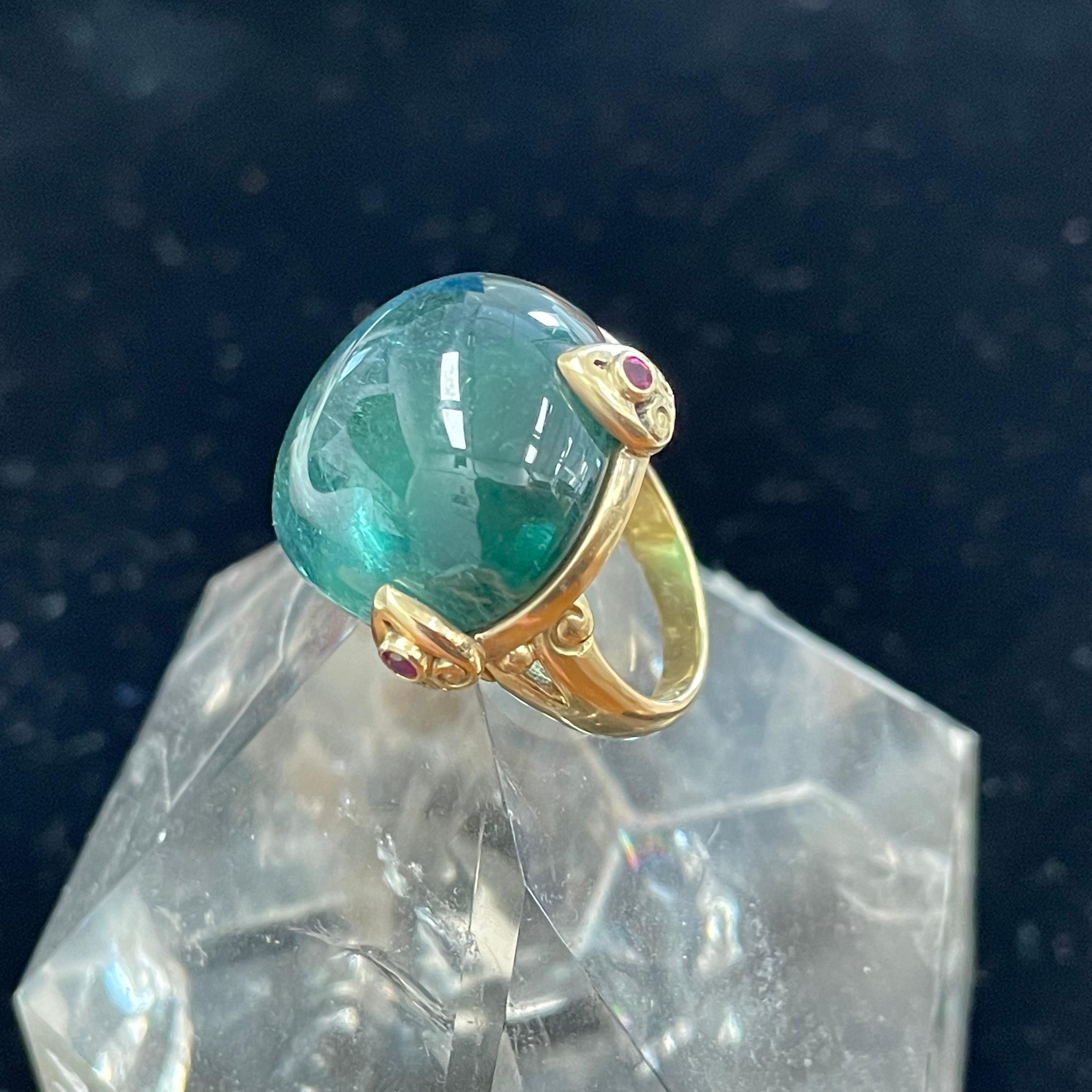 For Sale:  Large 44.8 Carats Blue-Green Indicalite Tourmaline Cabochon Ruby 18K Gold Ring 6