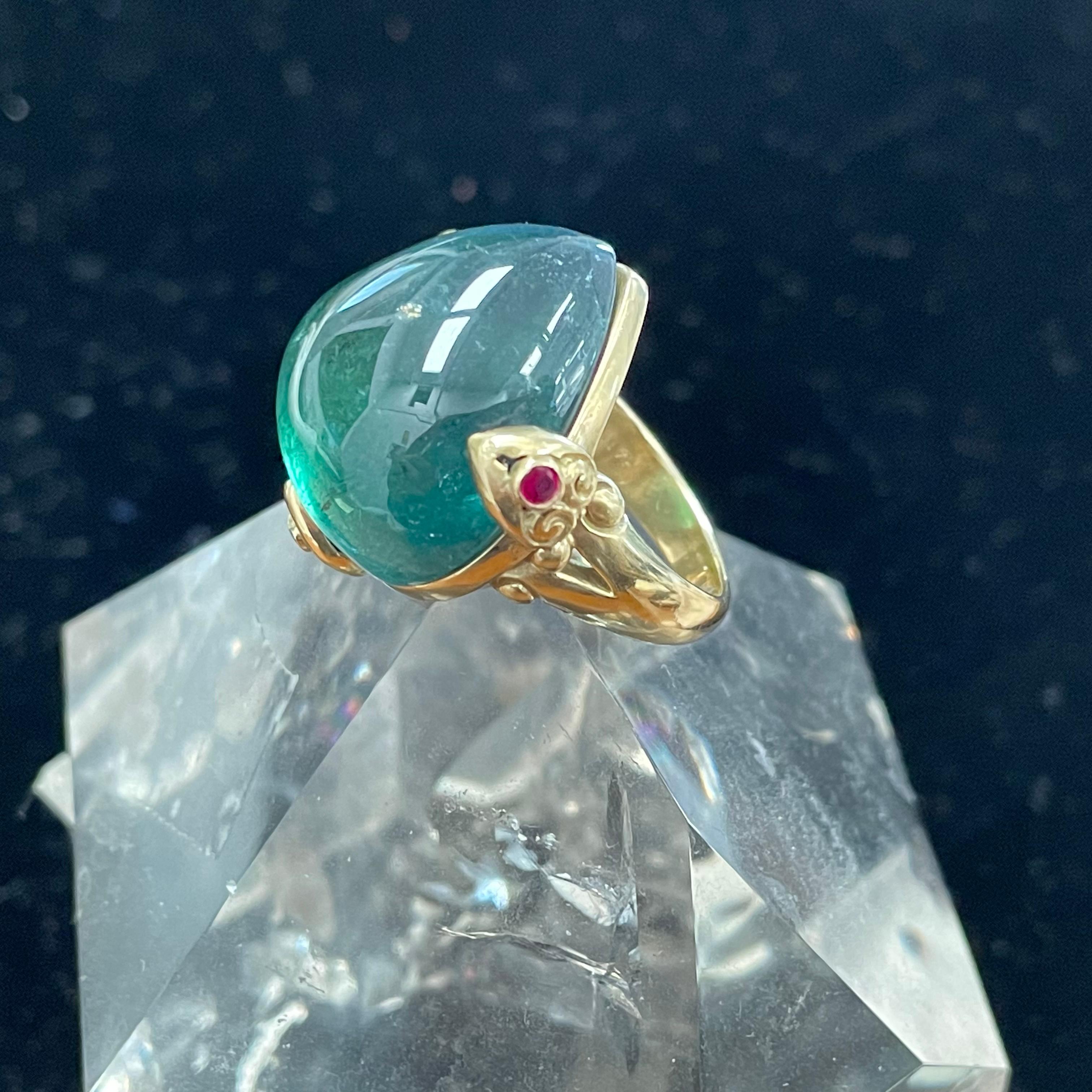 For Sale:  Large 44.8 Carats Blue-Green Indicalite Tourmaline Cabochon Ruby 18K Gold Ring 7
