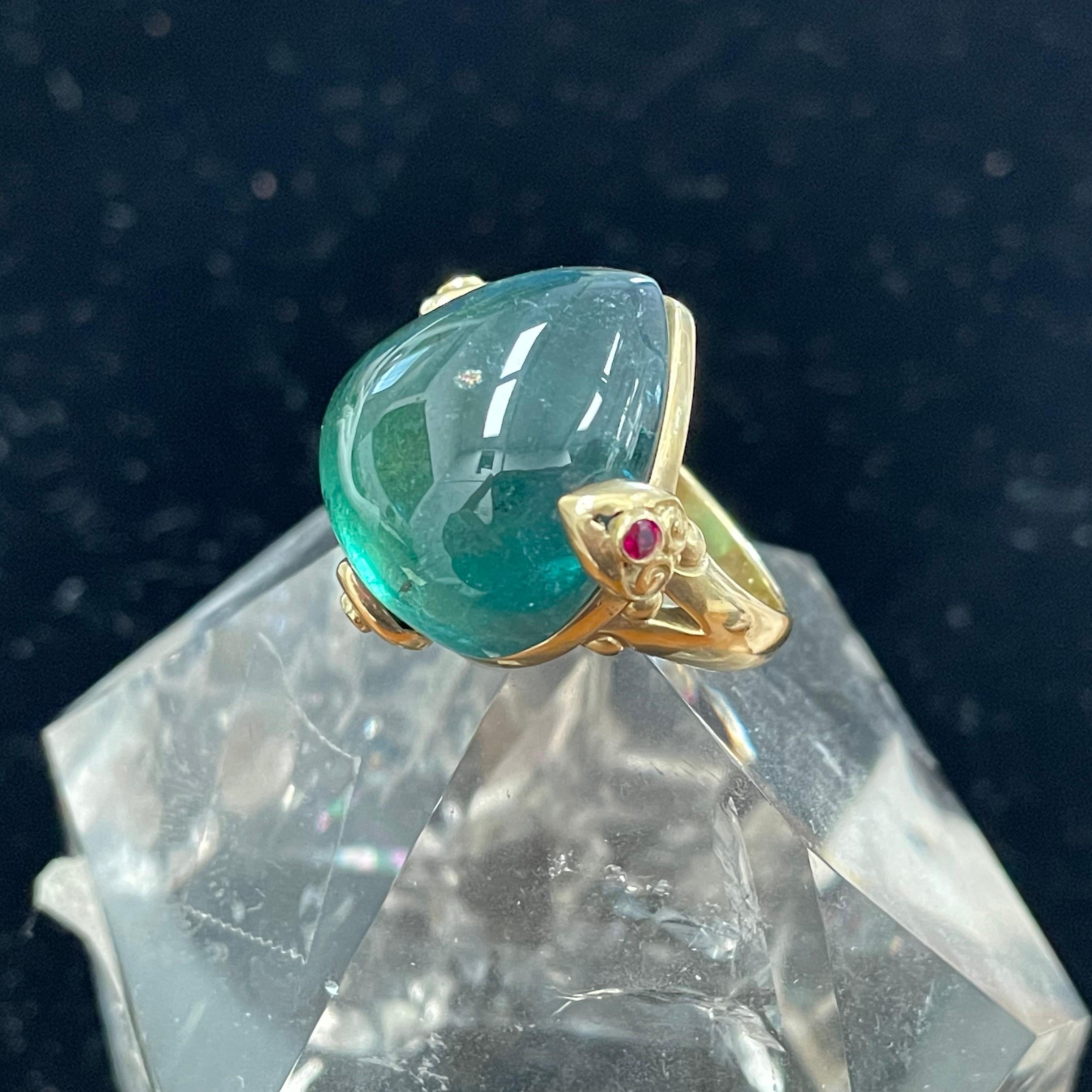 For Sale:  Large 44.8 Carats Blue-Green Indicalite Tourmaline Cabochon Ruby 18K Gold Ring 9