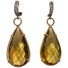 Large 45.25 Carat Citrine Diamond Hanging Earrings 14 Karat