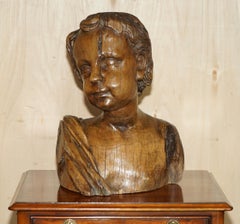 LARGE 45CM ANTiQUE 18TH CENTURY HAND ORNATELY CARVED CHERUB PUTTI BUST STATUE