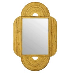 Large 47" x 30" Italian Restored Split Reed Rattan Arched Wall Mirror