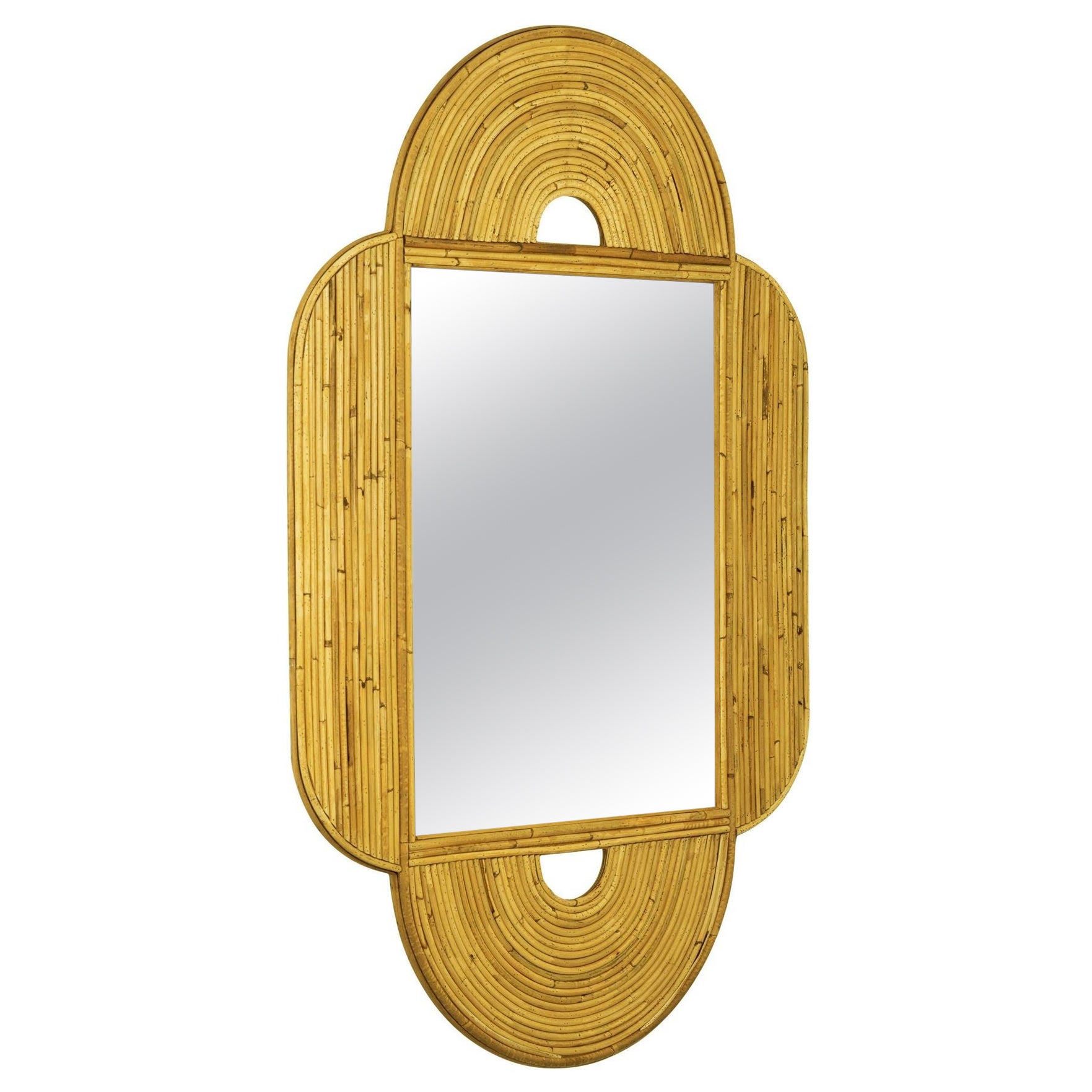 Large 47" x 30" Italian Restored Split Reed Rattan Arched Wall Mirror For Sale